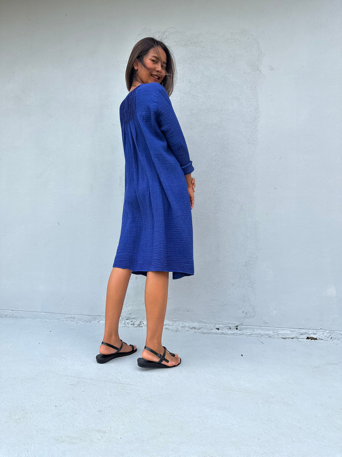 Mala Handworks Bree Double Gauze Cotton Dress in Sapphire