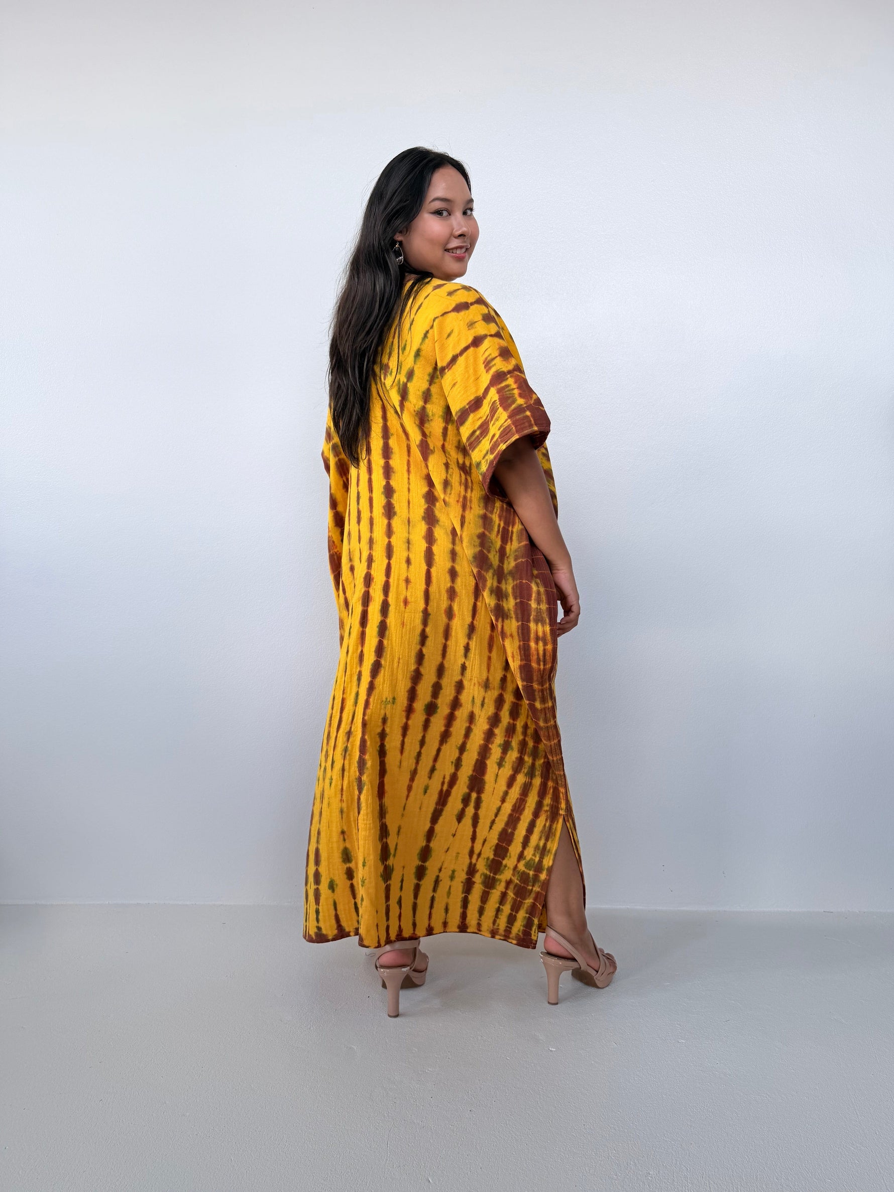 Mala Handworks Grace Cotton Kaftan in Gold & Brown Tie Dye