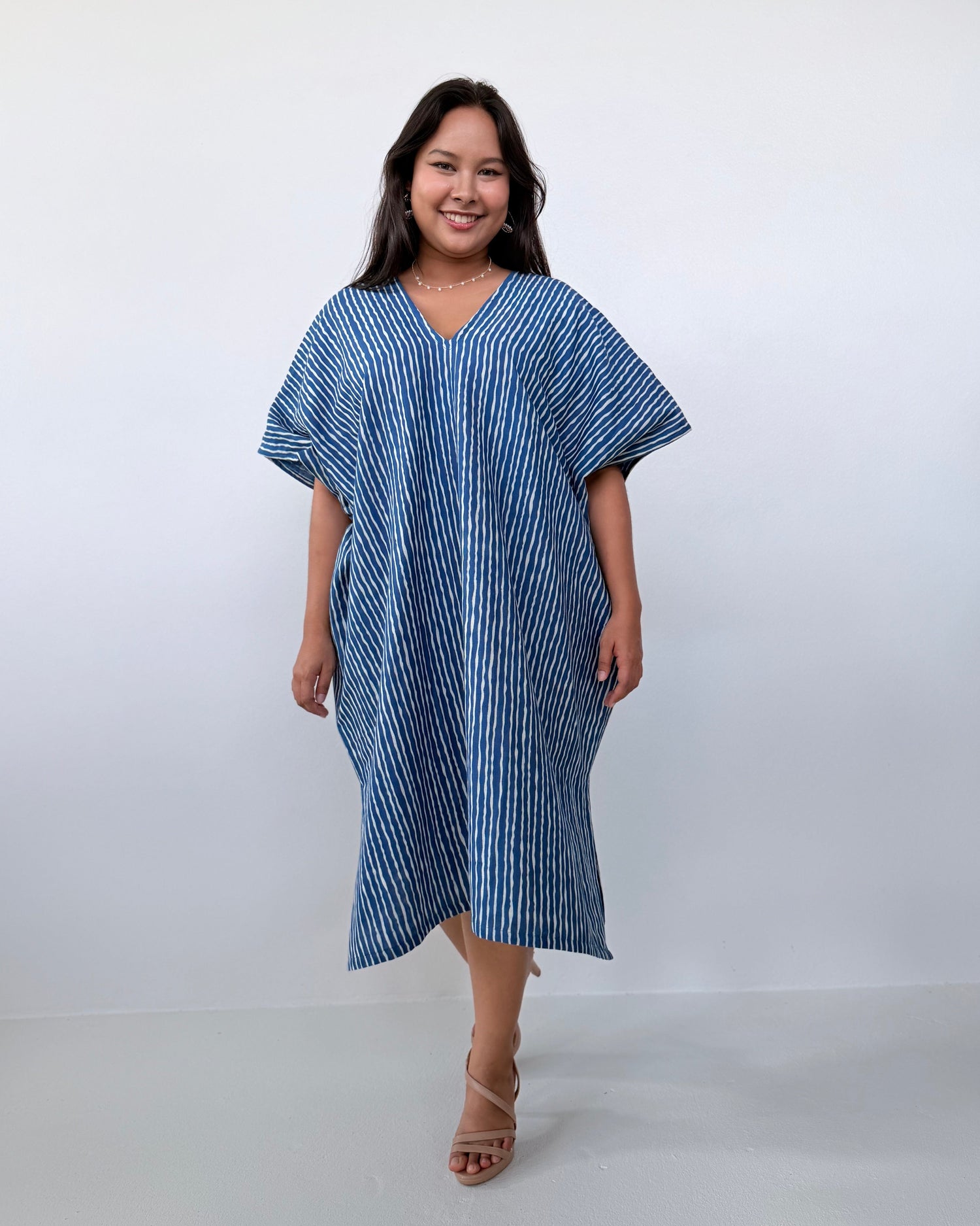 Skye Cotton Kaftan in Blue & White Stripe