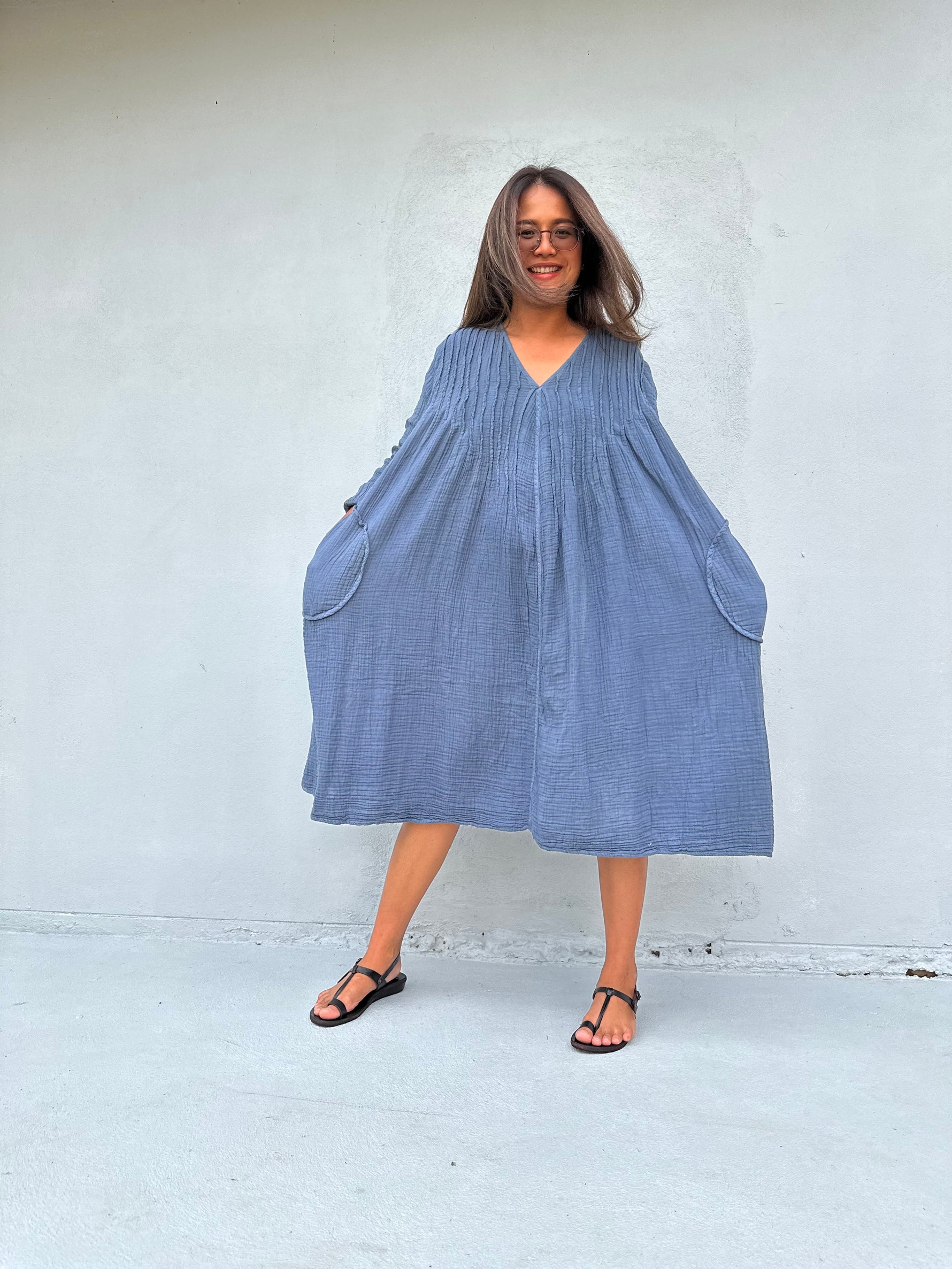 Mala Handworks Bree Double Gauze Cotton Dress in Blueberry