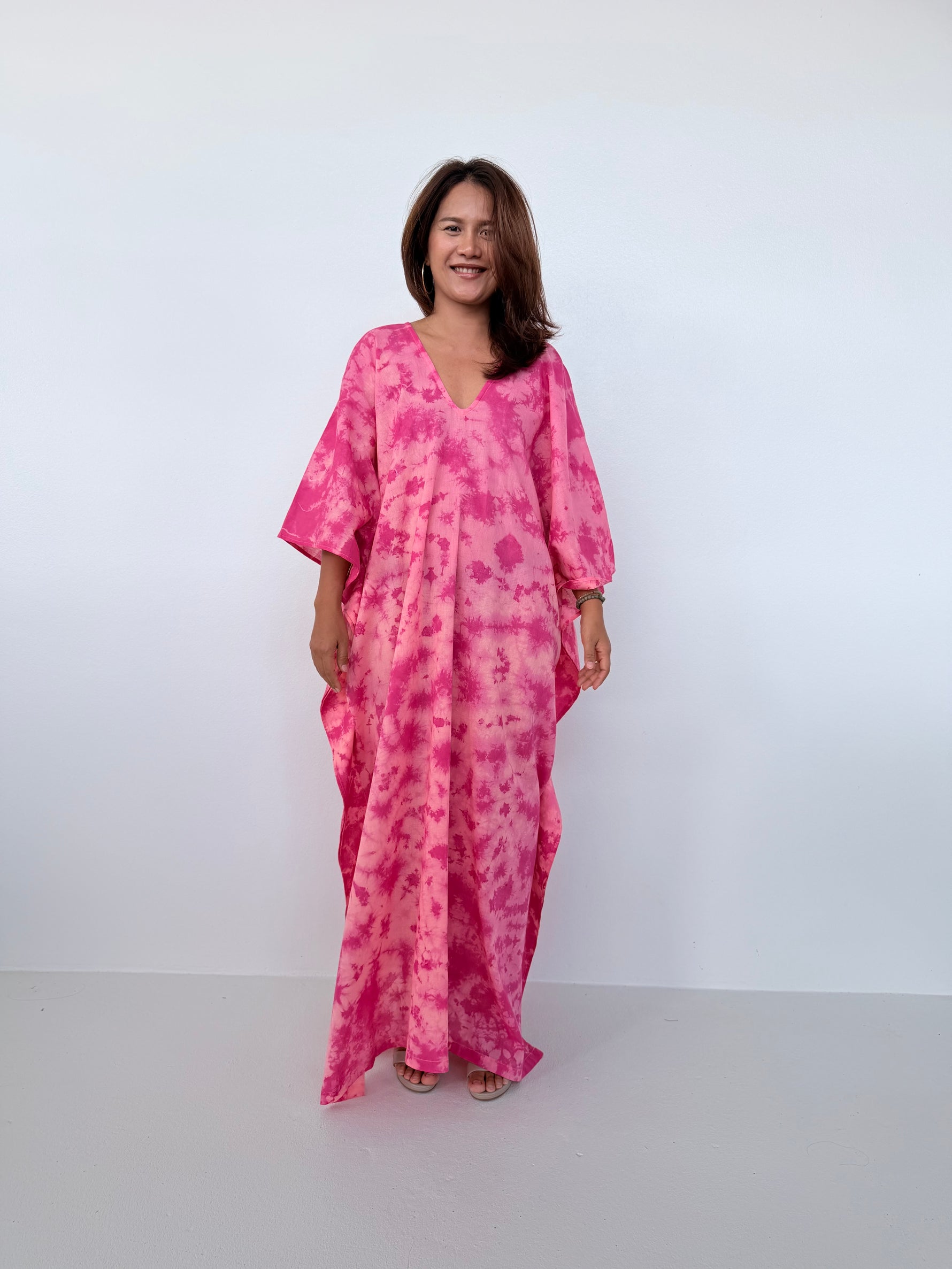Mala Handworks Olena Cotton Kaftan in Watermelon Tie Dye
