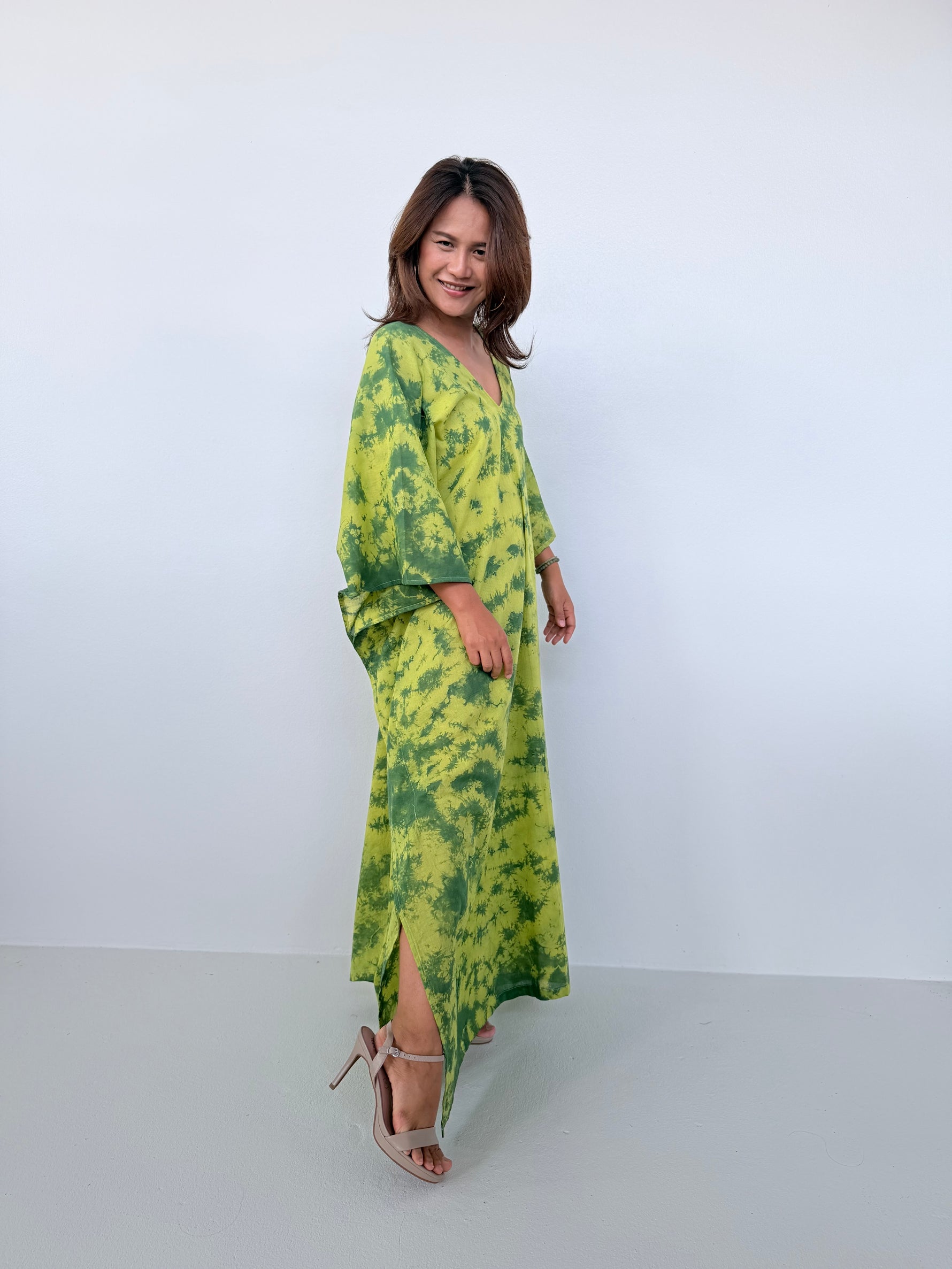 Mala Handworks Olena Cotton Kaftan in Lime Tie Dye