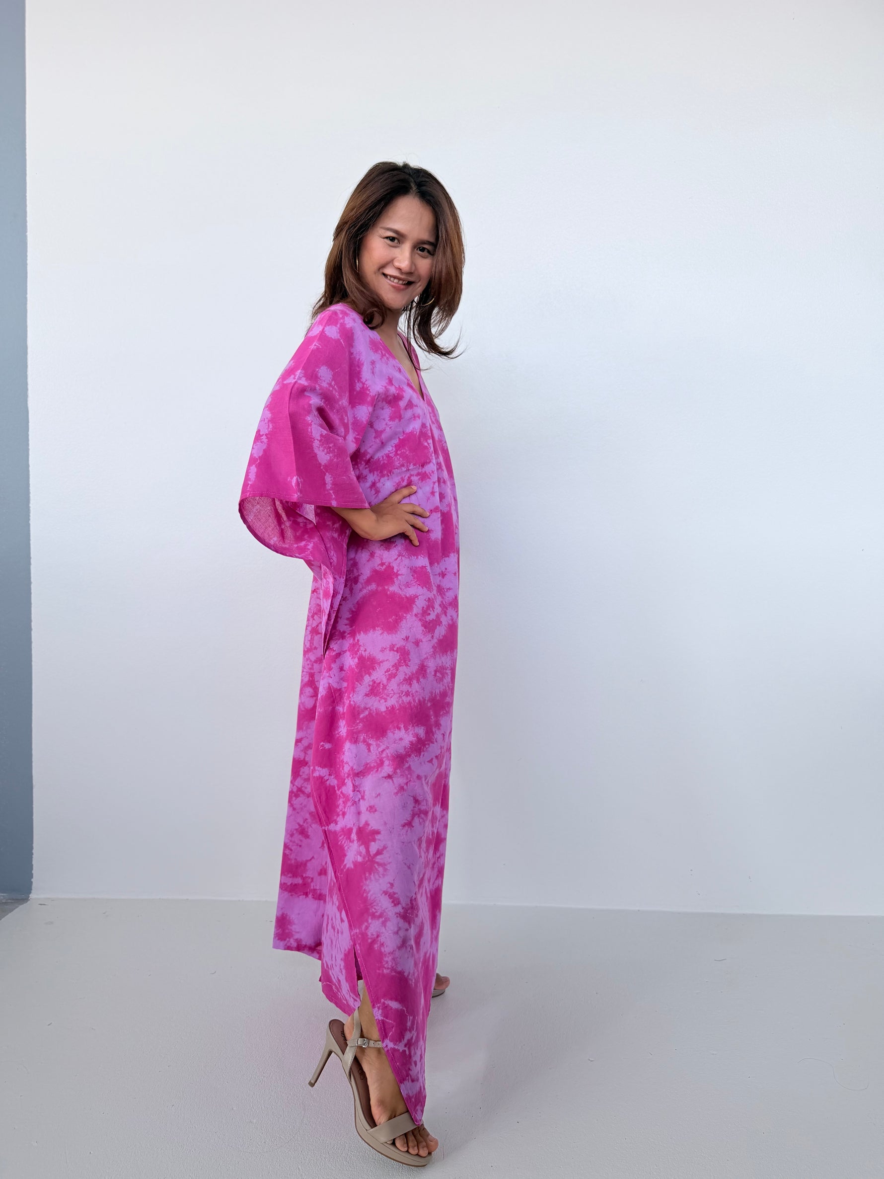 Mala Handworks Olena Cotton Kaftan in Fuchsia Tie Dye