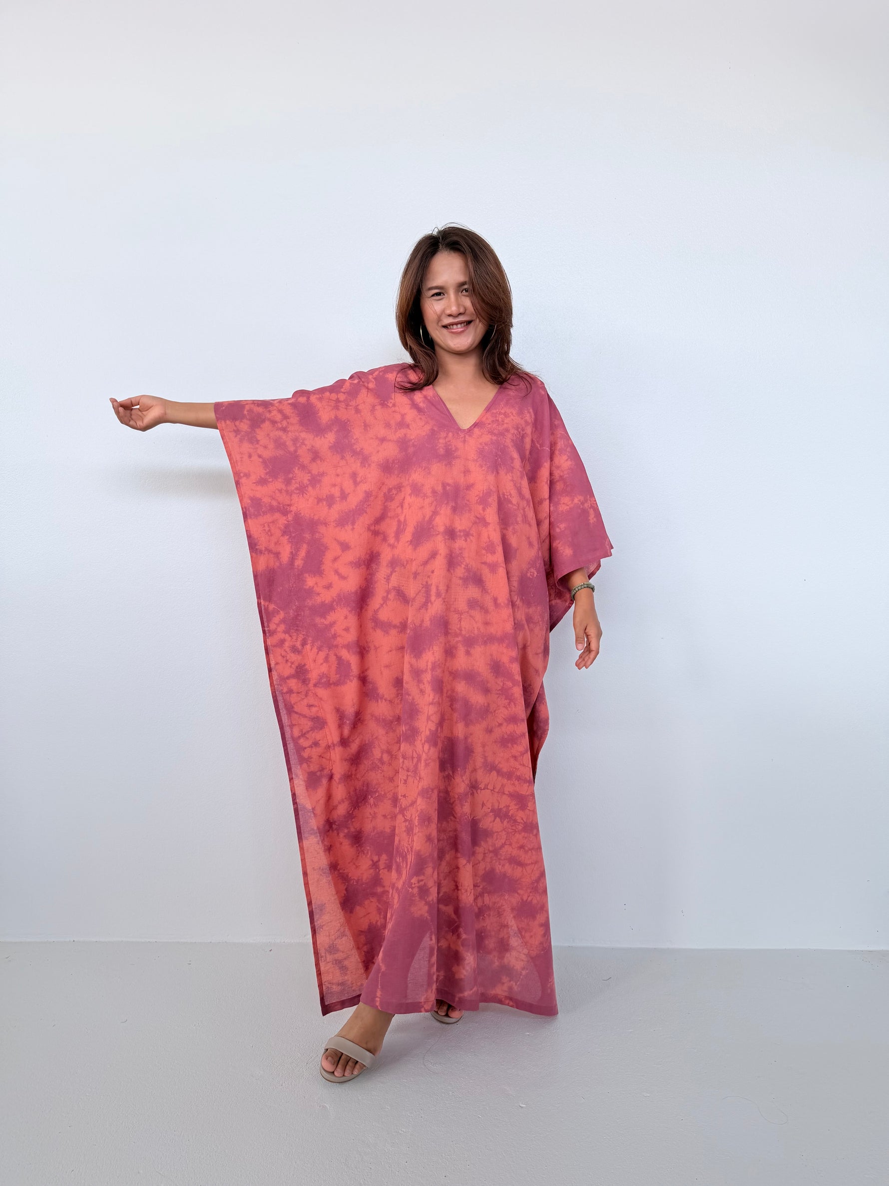Mala Handworks Olena Cotton Kaftan in Salmon & Purple Tie Dye