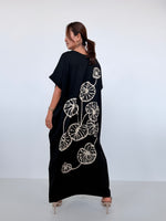 Mala Handworks Alice Jersey Cotton Kaftan in Black with Hand-Painted Lotus Leaves