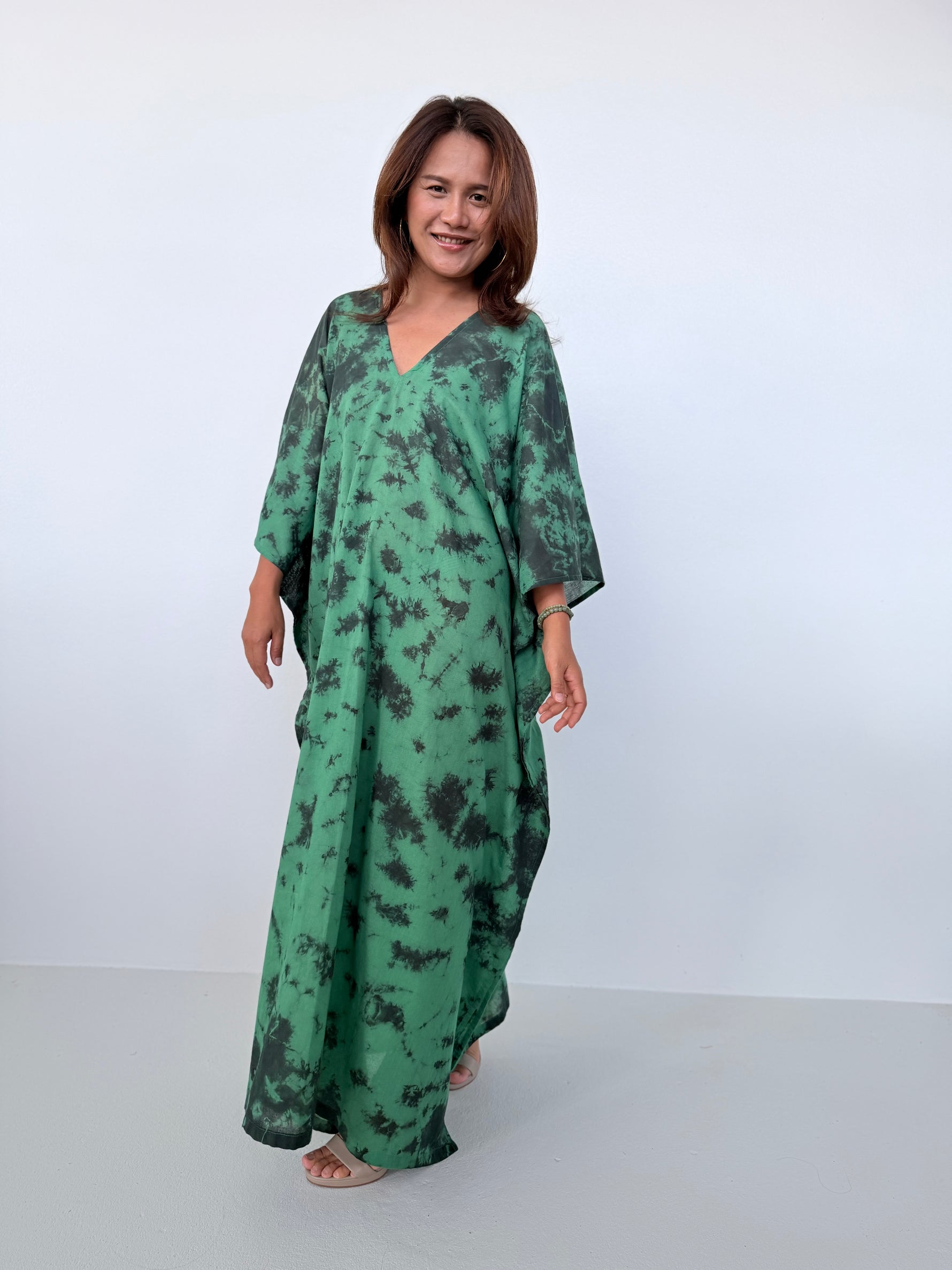 Mala Handworks Olena Cotton Kaftan in Emerald Tie Dye