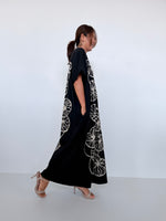 Mala Handworks Alice Jersey Cotton Kaftan in Black with Hand-Painted Lotus Leaves