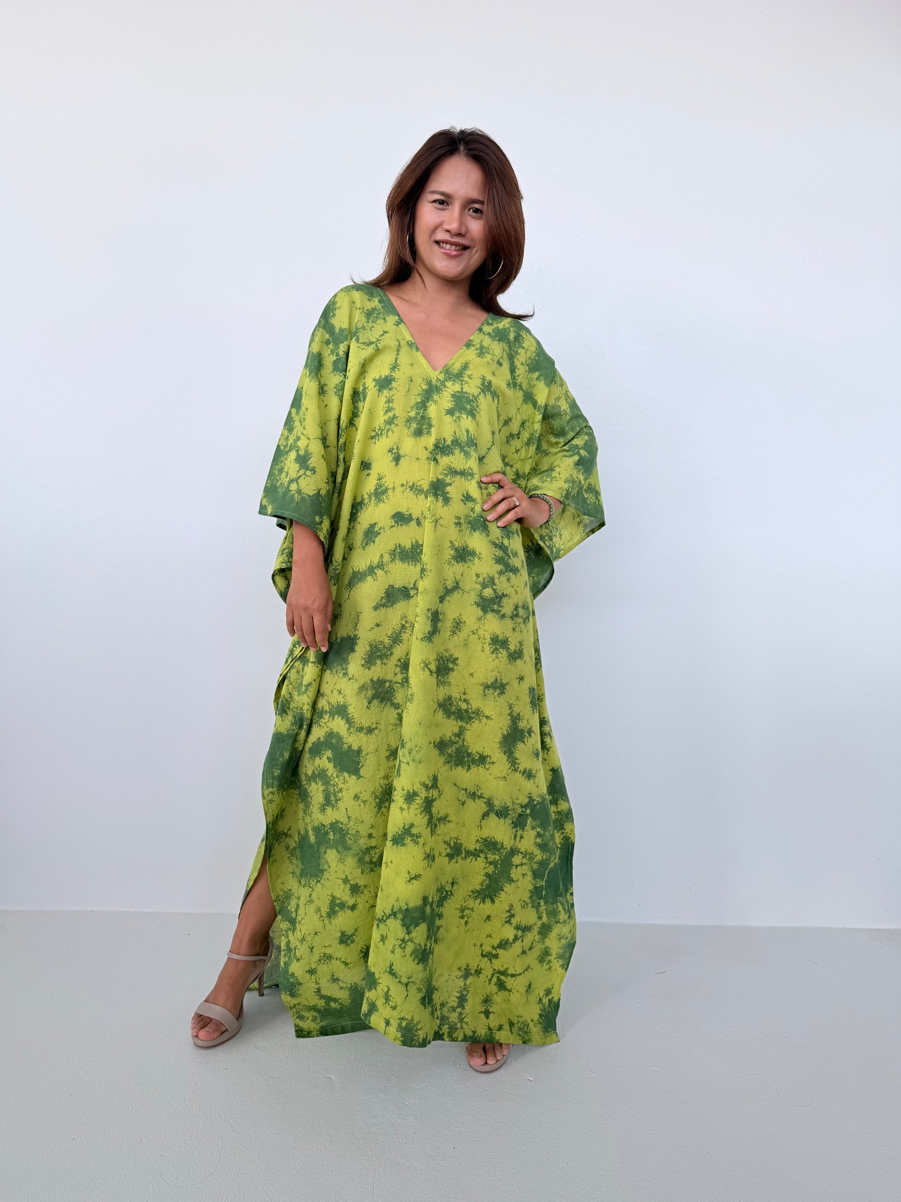Mala Handworks Olena Cotton Kaftan in Lime Tie Dye