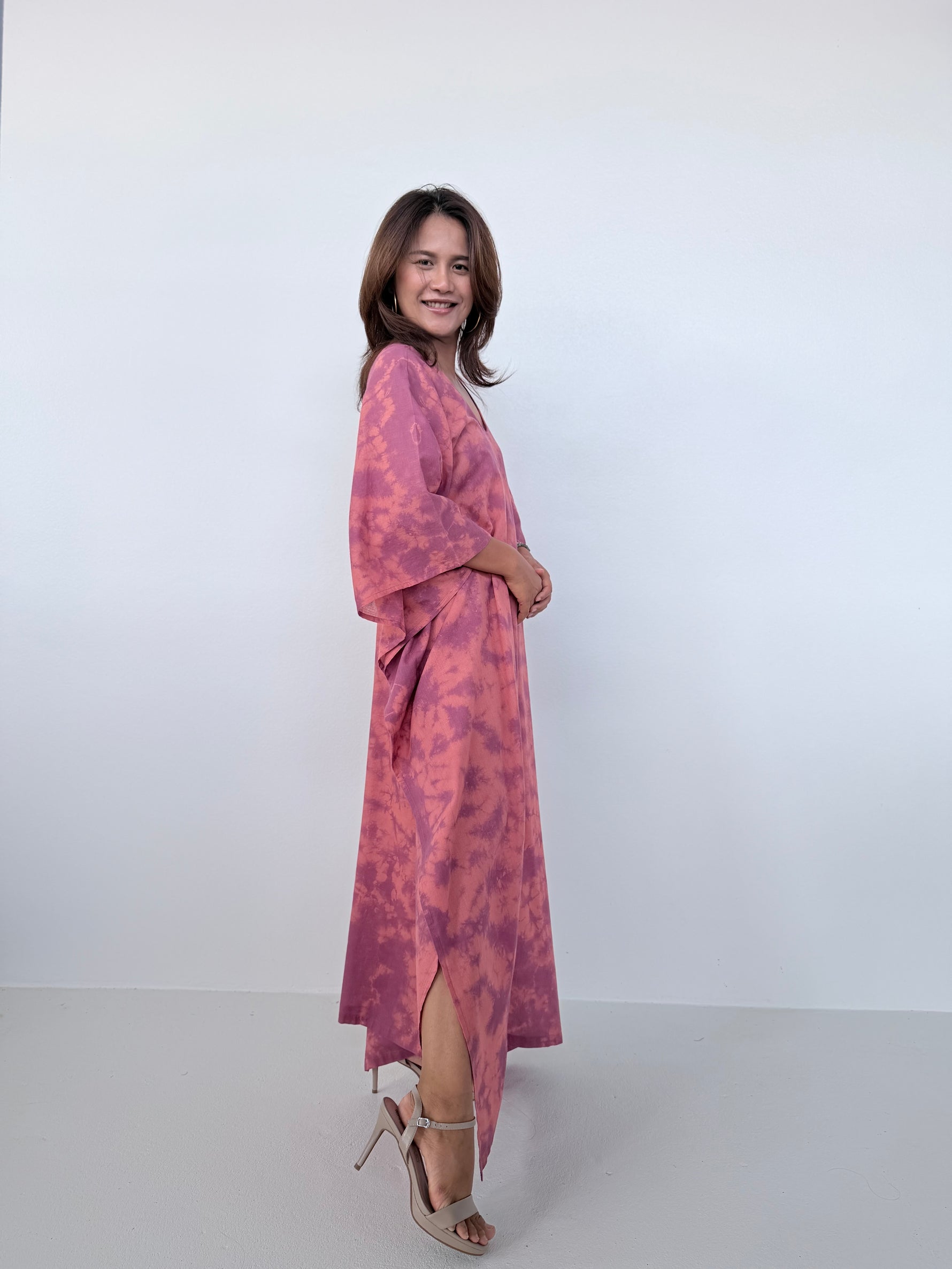 Mala Handworks Olena Cotton Kaftan in Salmon & Purple Tie Dye