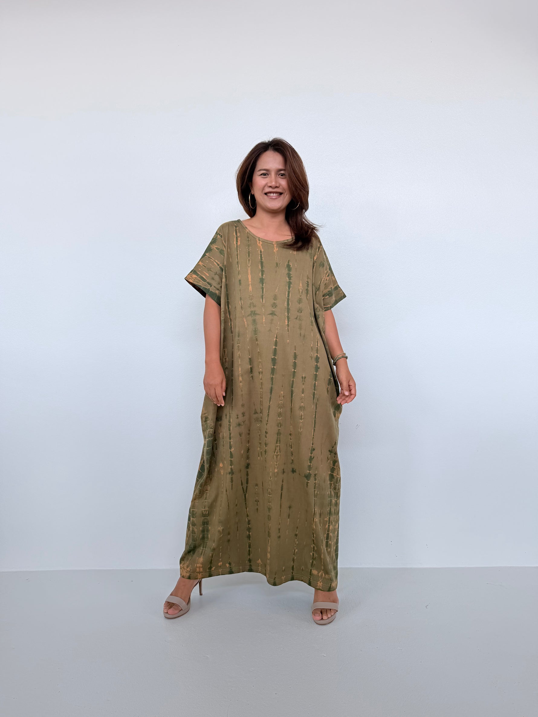 Mala Handworks Alice Jersey Cotton Kaftan in Olive Tie Dye
