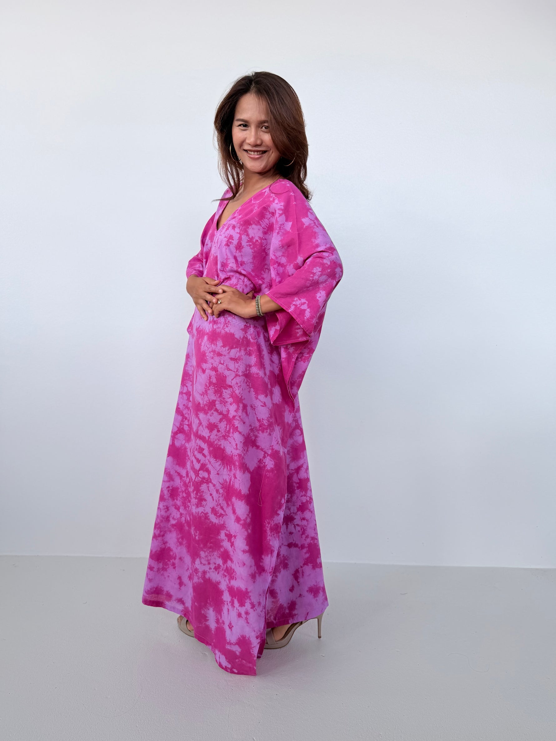 Mala Handworks Olena Cotton Kaftan in Fuchsia Tie Dye