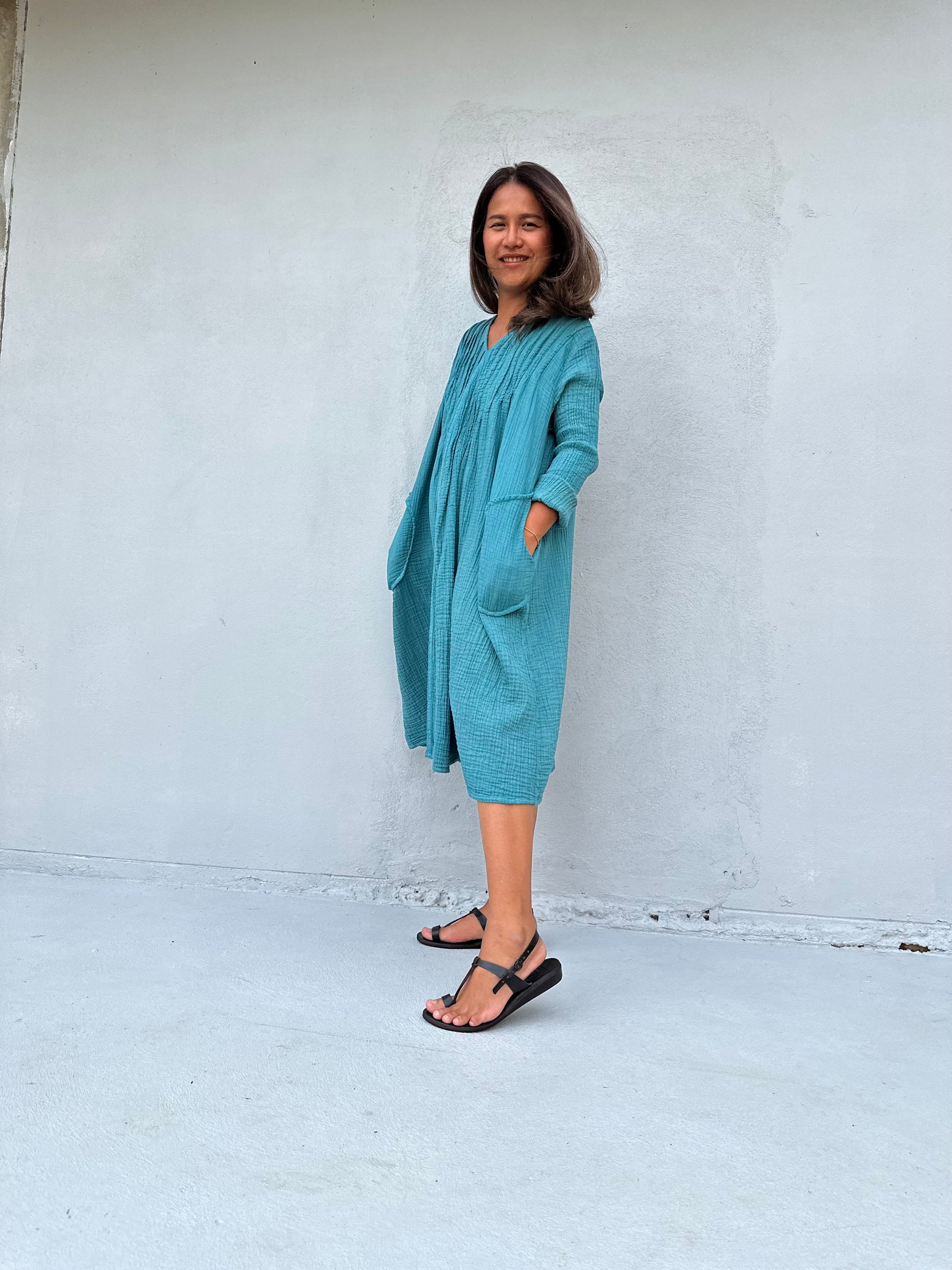 Mala Handworks Bree Double Gauze Cotton Dress in Turquoise