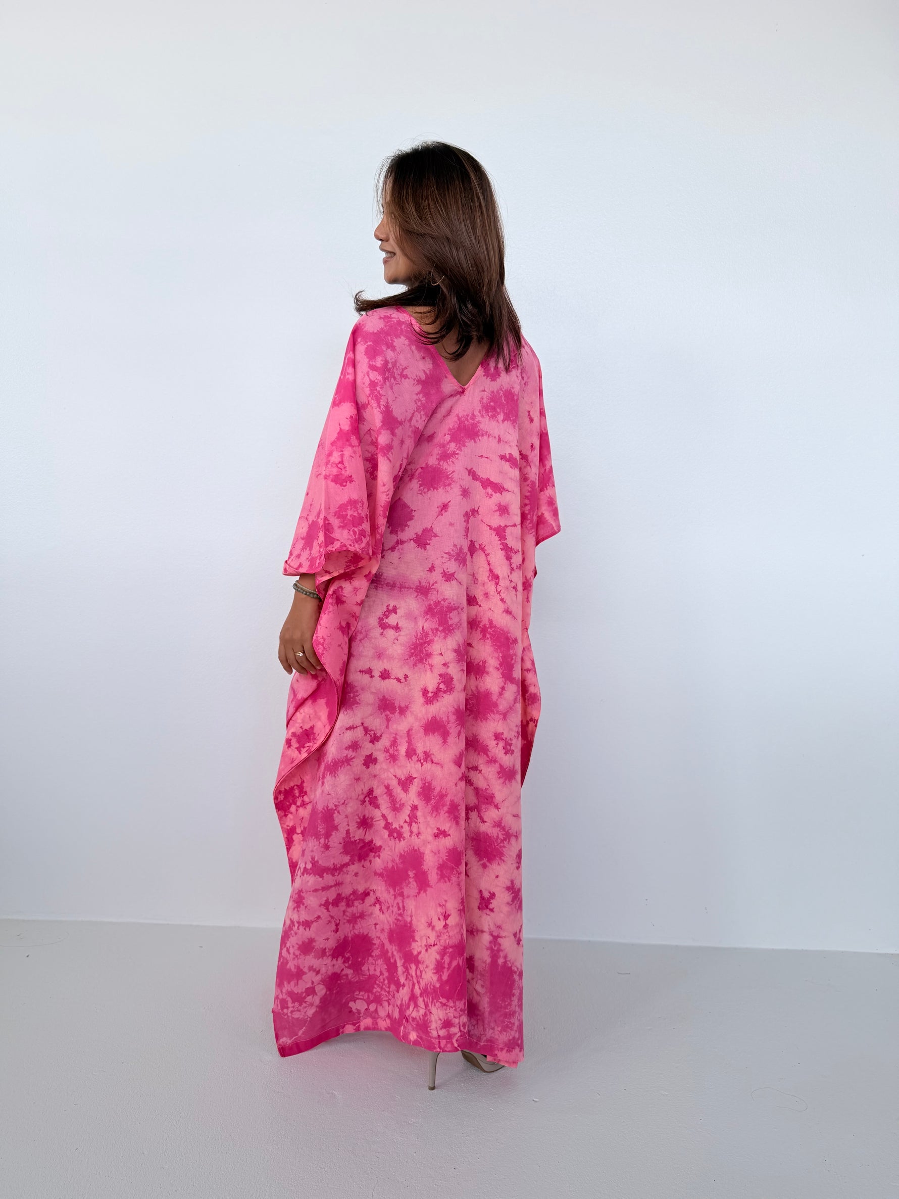 Mala Handworks Olena Cotton Kaftan in Watermelon Tie Dye