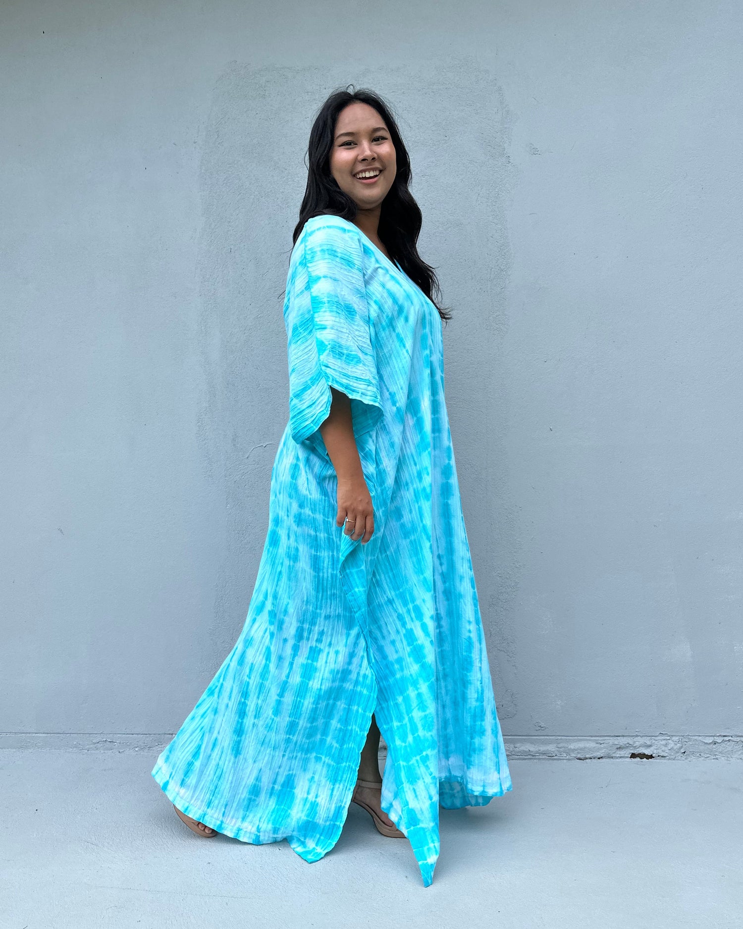 Evelyn Cotton Kaftan in Aqua Tie Dye