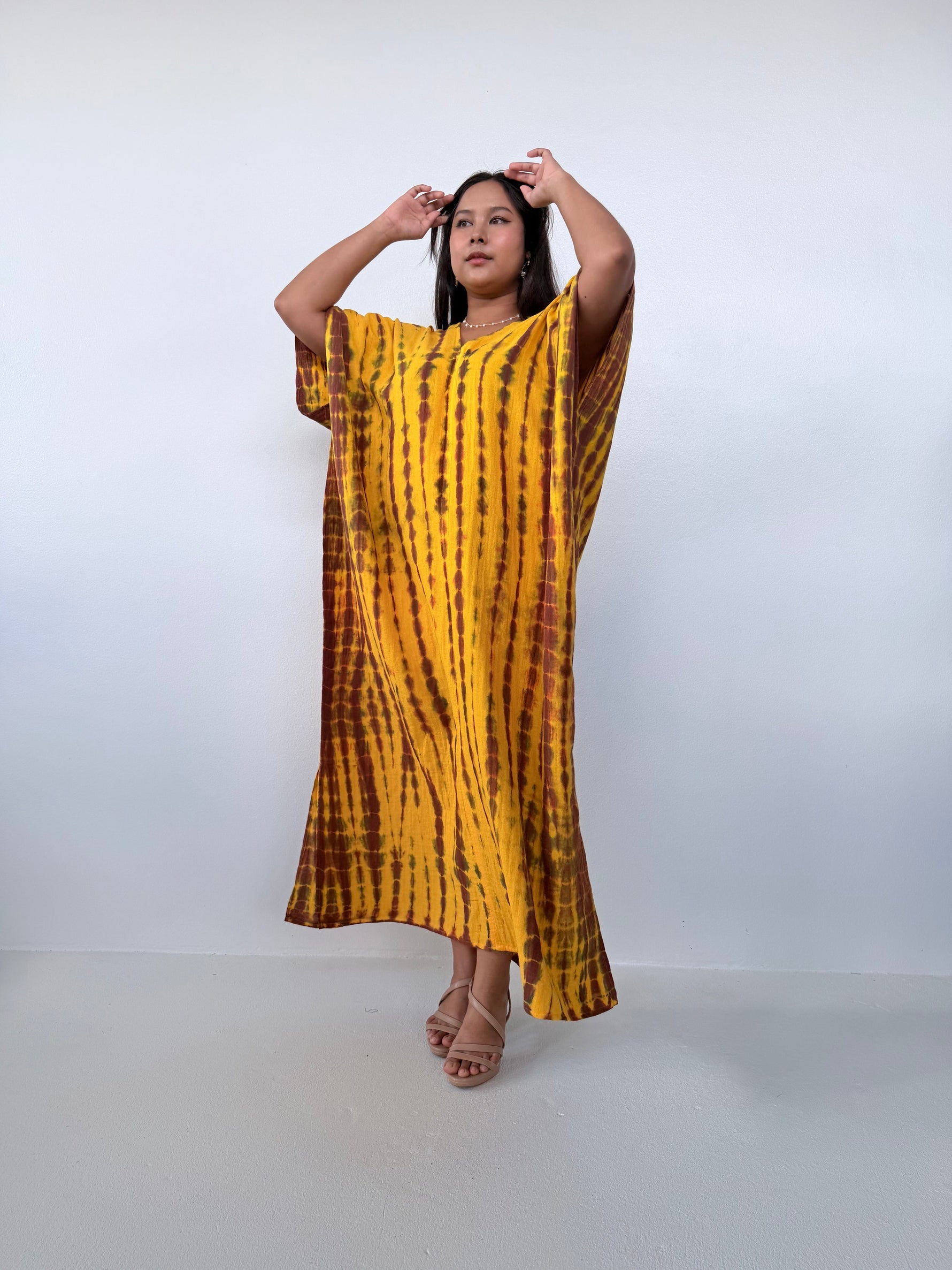 Mala Handworks Grace Cotton Kaftan in Gold & Brown Tie Dye