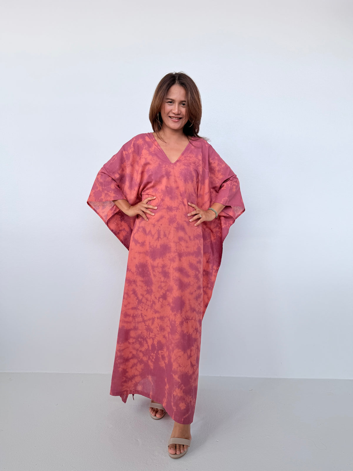 Mala Handworks Olena Cotton Kaftan in Salmon & Purple Tie Dye