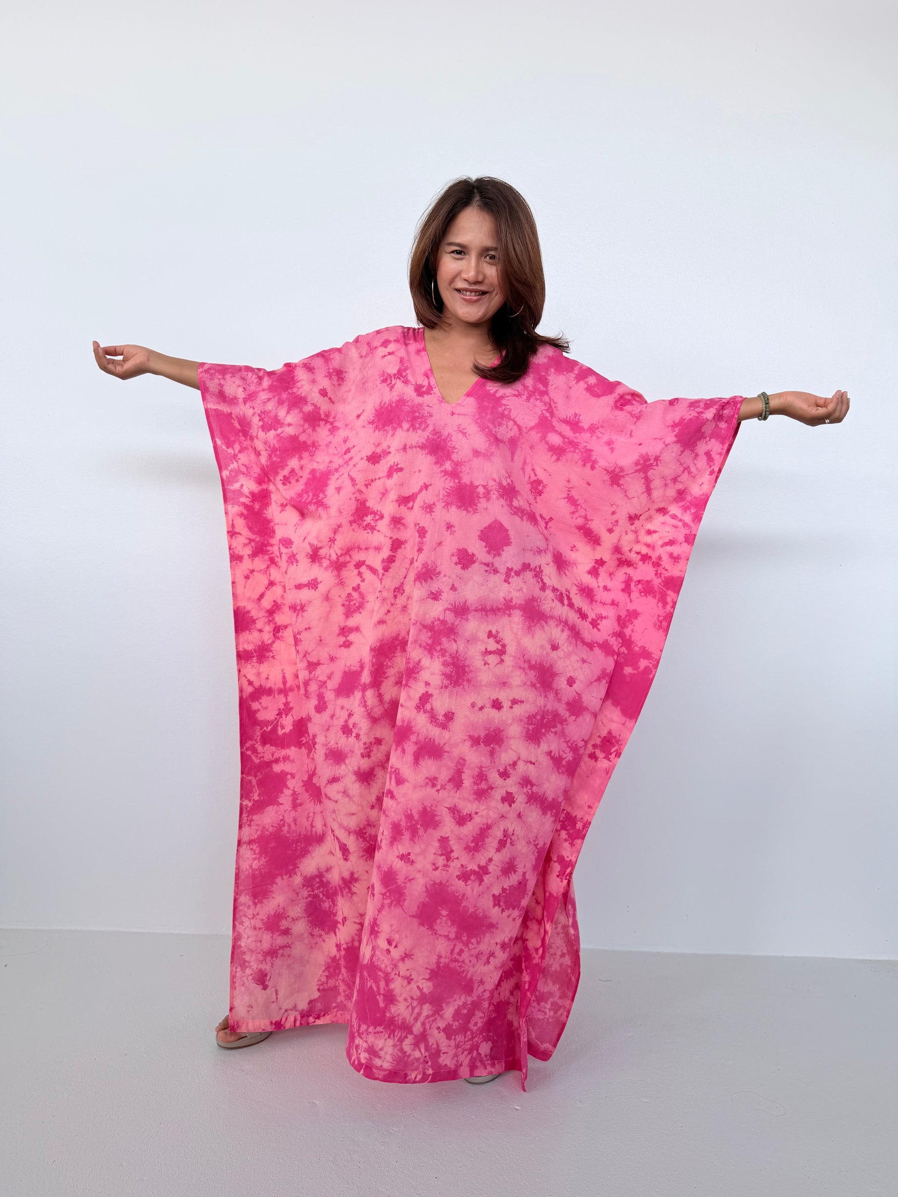 Mala Handworks Olena Cotton Kaftan in Watermelon Tie Dye