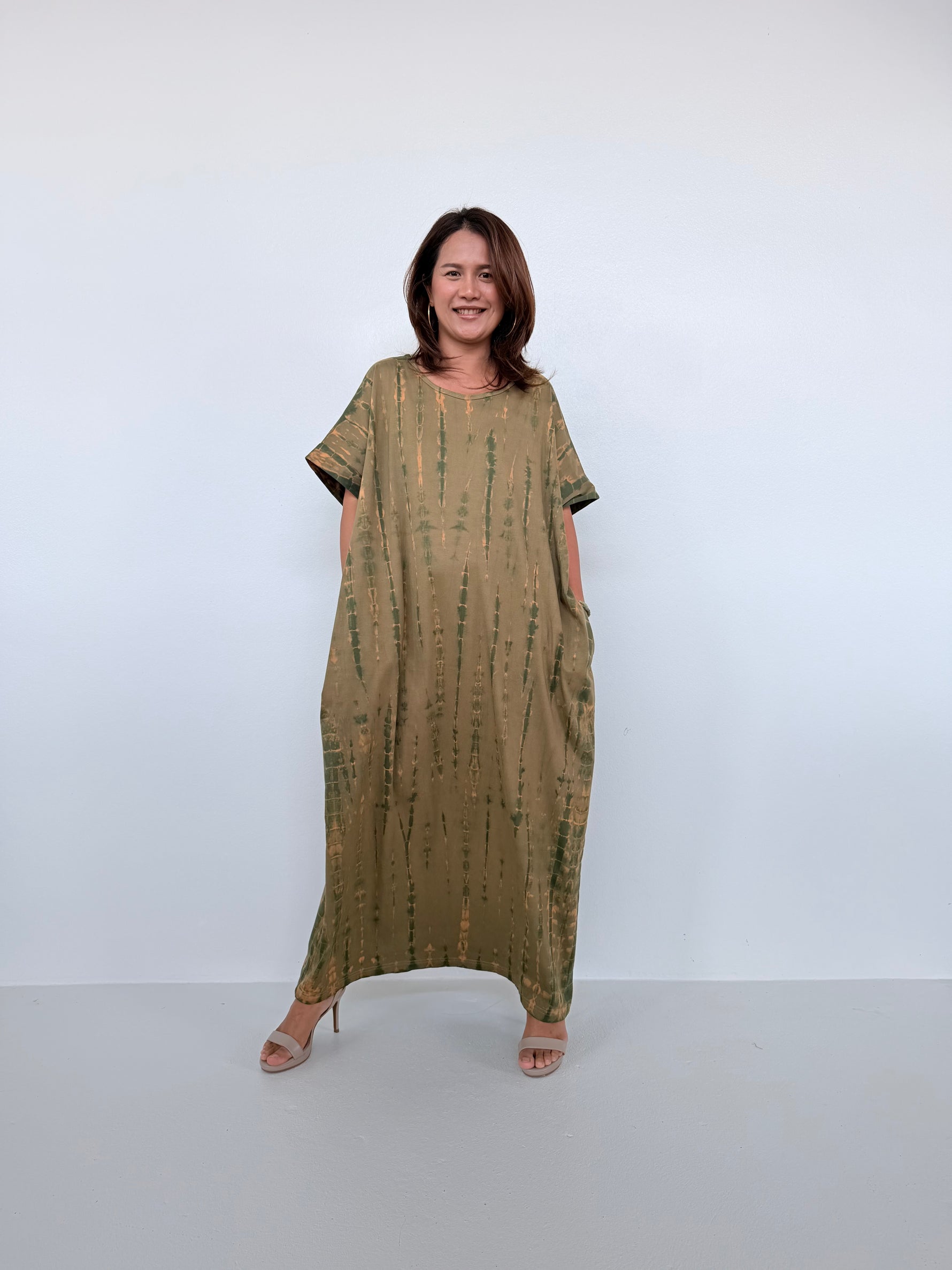 Mala Handworks Alice Jersey Cotton Kaftan in Olive Tie Dye