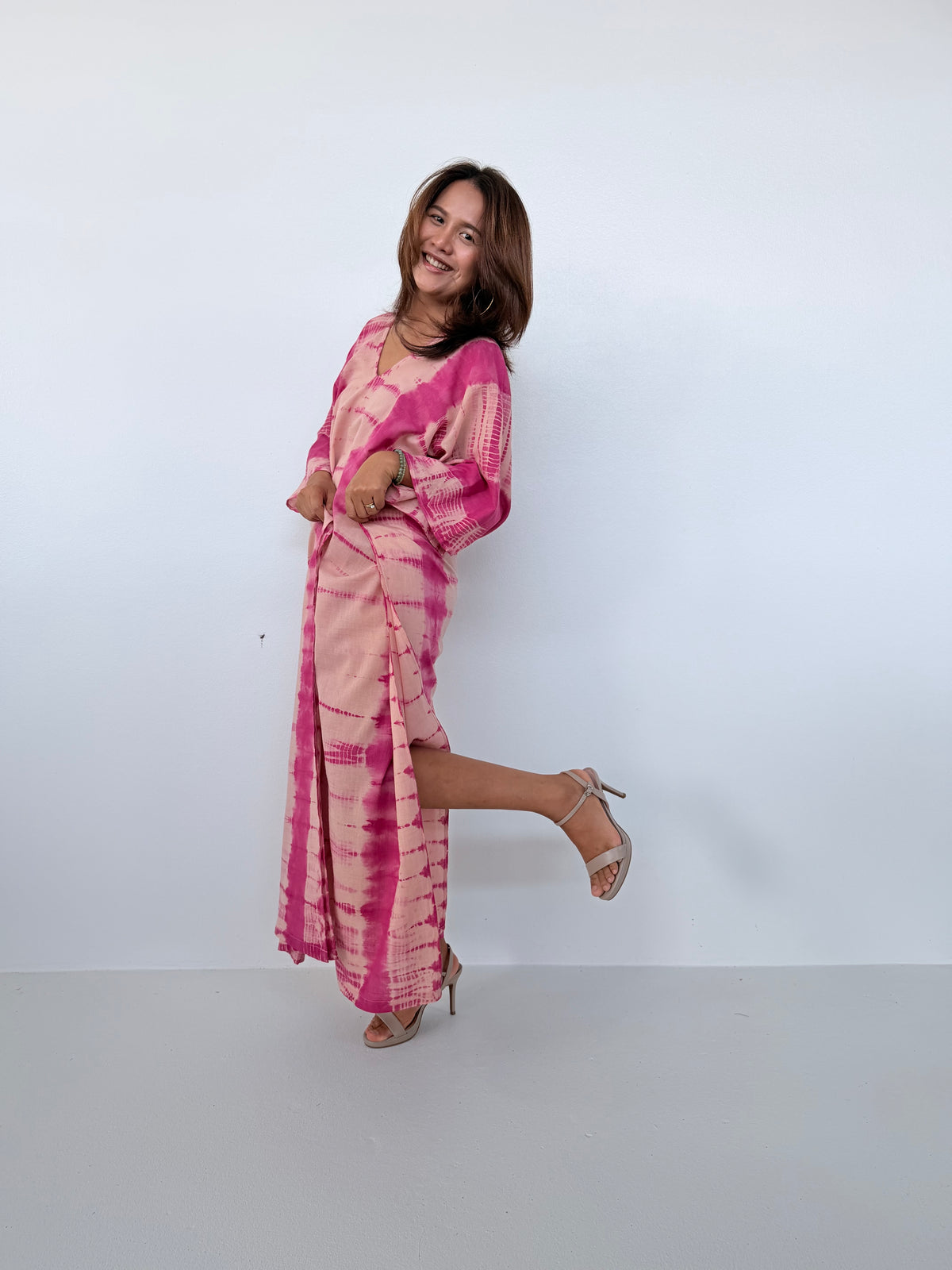 Mala Handworks Olena Cotton Kaftan in Watermelon & Peach Tie Dye
