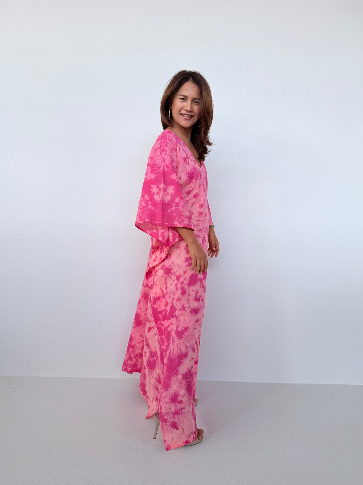 Mala Handworks Olena Cotton Kaftan in Watermelon Tie Dye