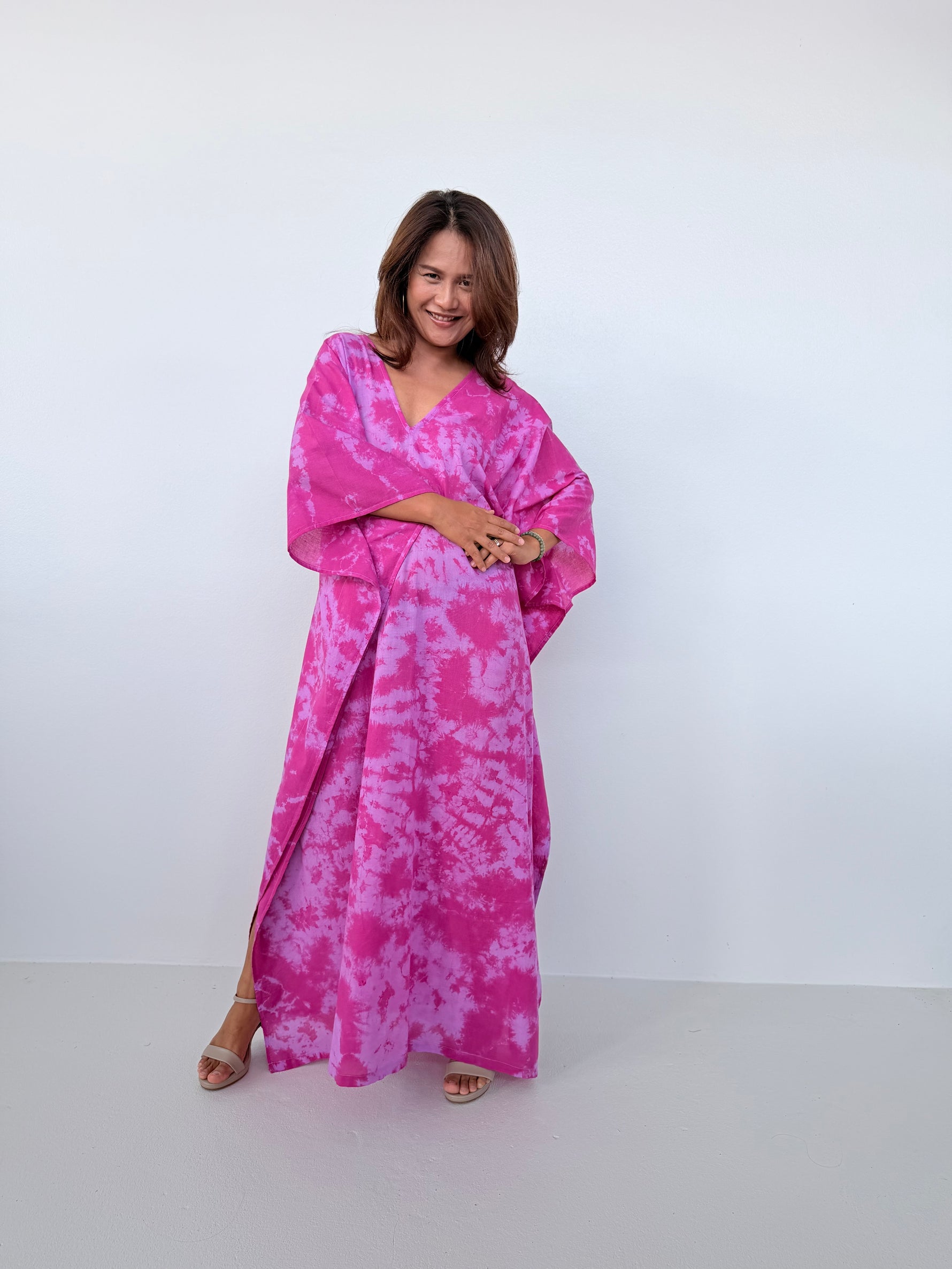 Mala Handworks Olena Cotton Kaftan in Fuchsia Tie Dye