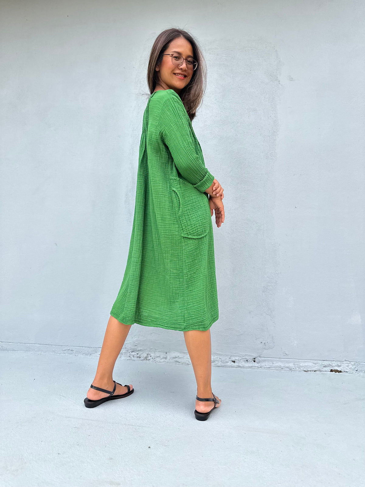 Mala Handworks Bree Double Gauze Cotton Dress in Jade