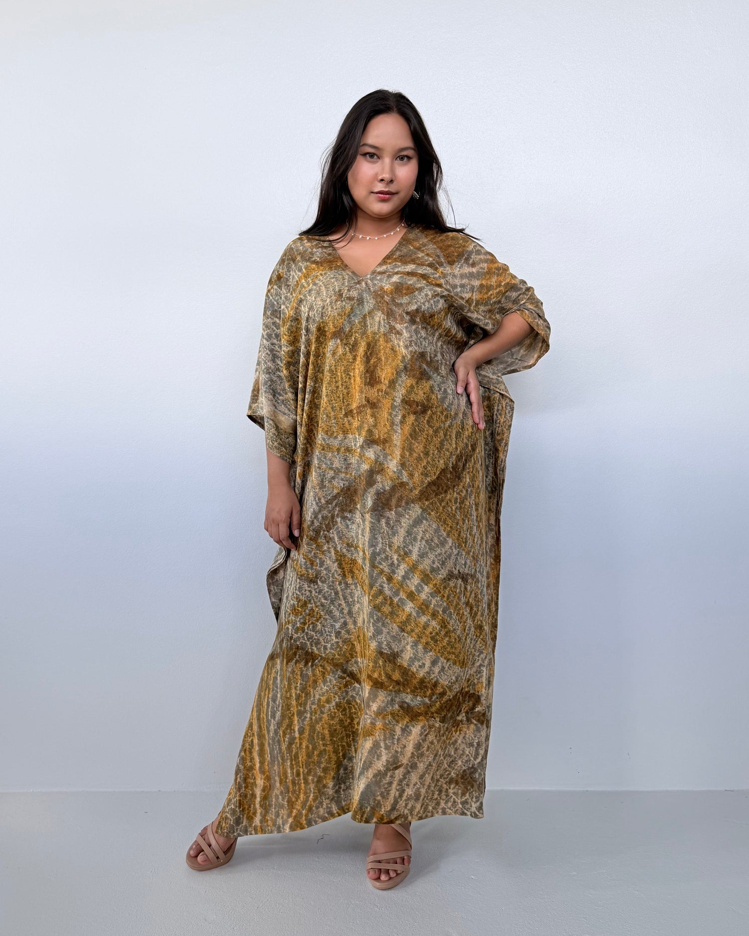 Amina Hand-Painted Kaftan - Yellow & Tan Natural Colors