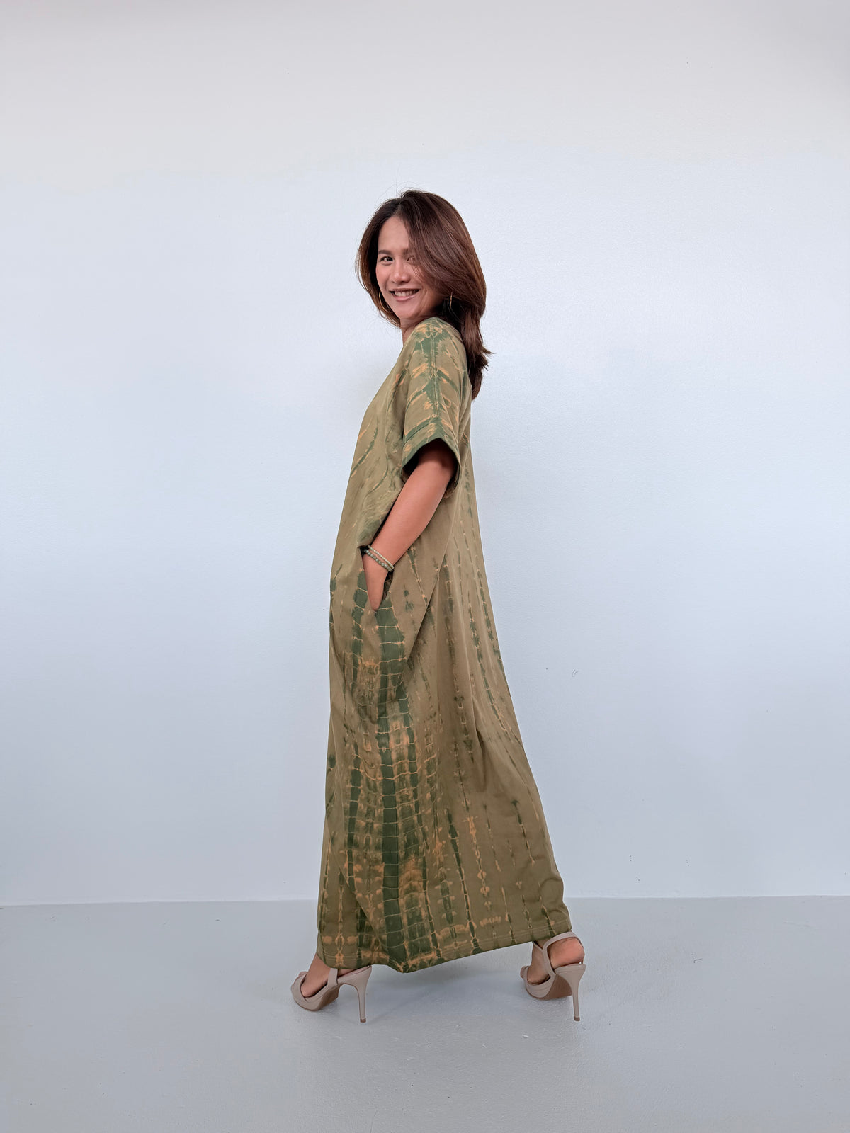 Mala Handworks Alice Jersey Cotton Kaftan in Olive Tie Dye