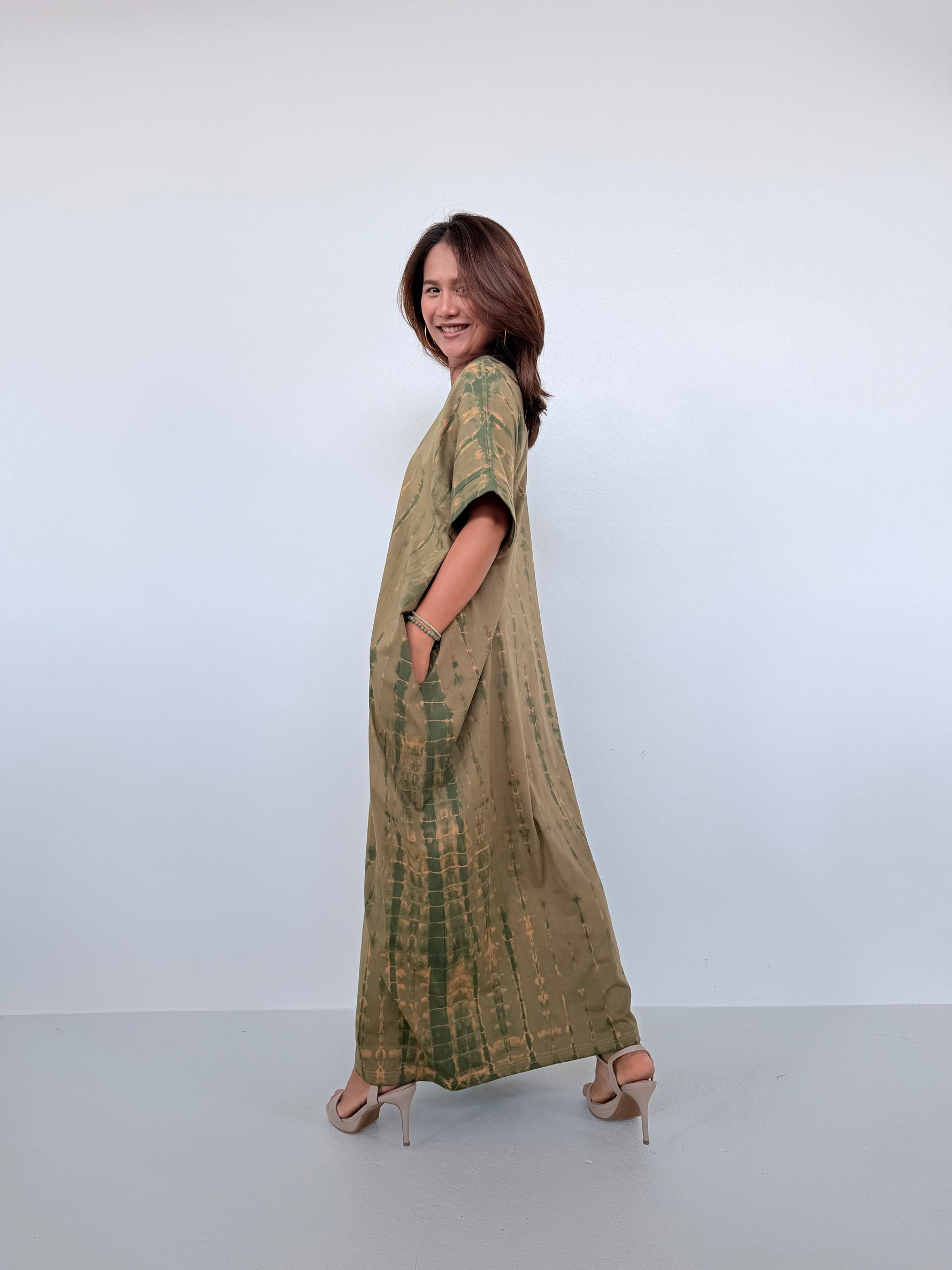 Mala Handworks Alice Jersey Cotton Kaftan in Olive Tie Dye