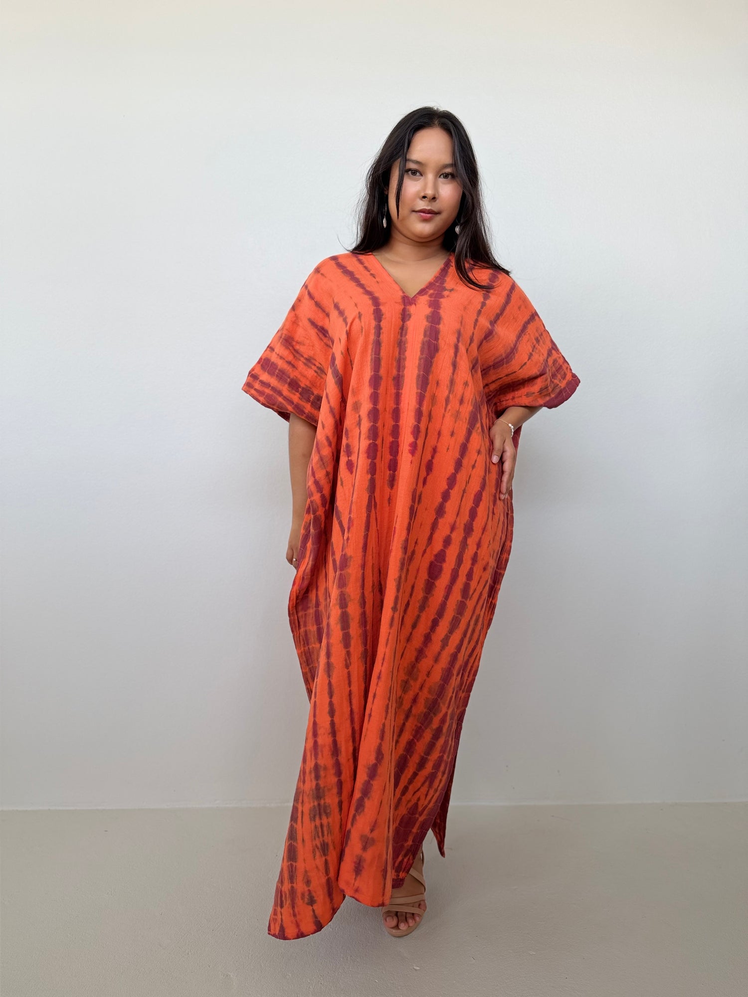 Penelope Double Gauze Cotton Kaftan in Tangerine Tie Dye