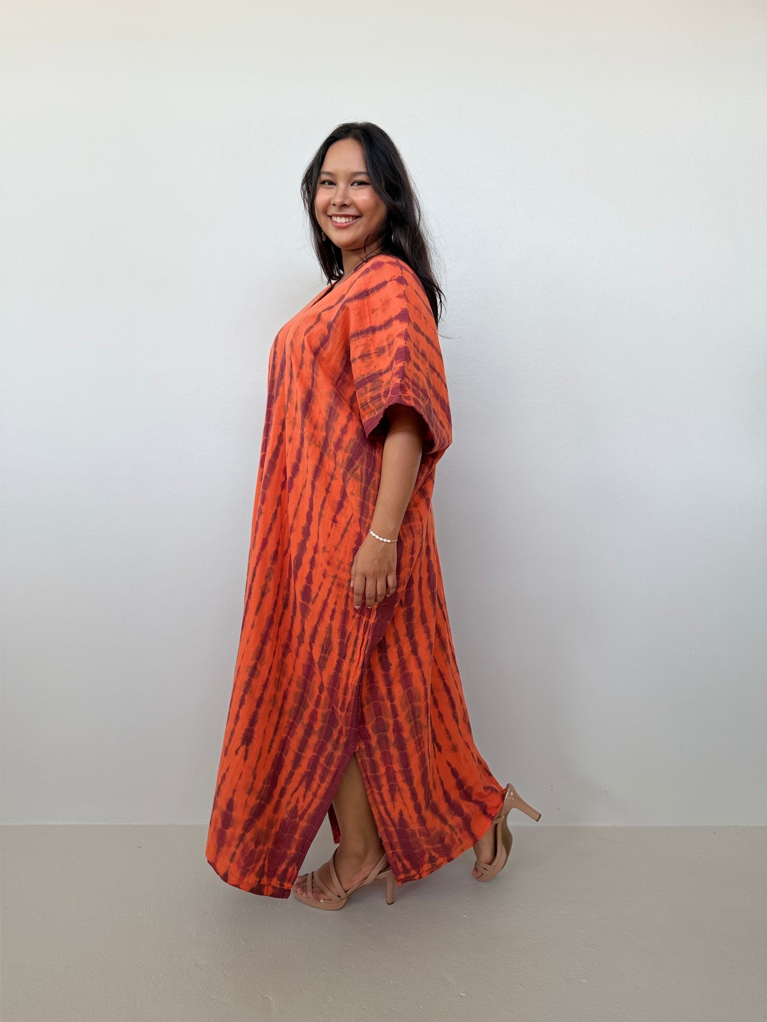 Penelope Double Gauze Cotton Kaftan in Tangerine Tie Dye