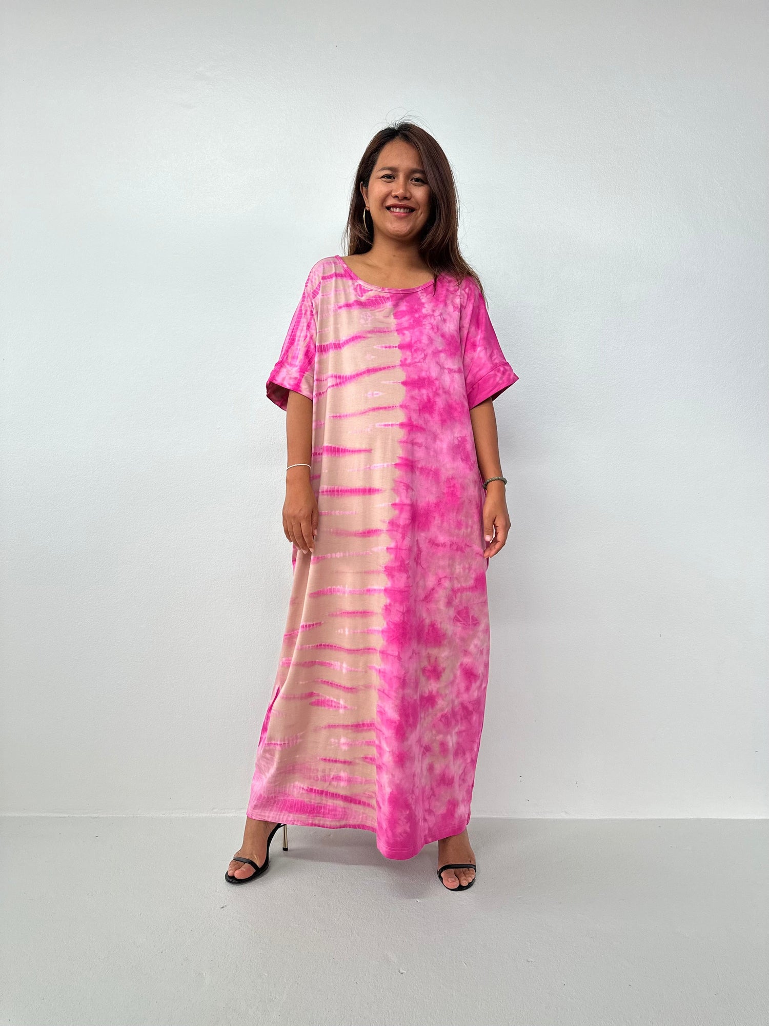 Alice Jersey Cotton Kaftan in Peach & Fuchsia Tie Dye - Gemini Pattern