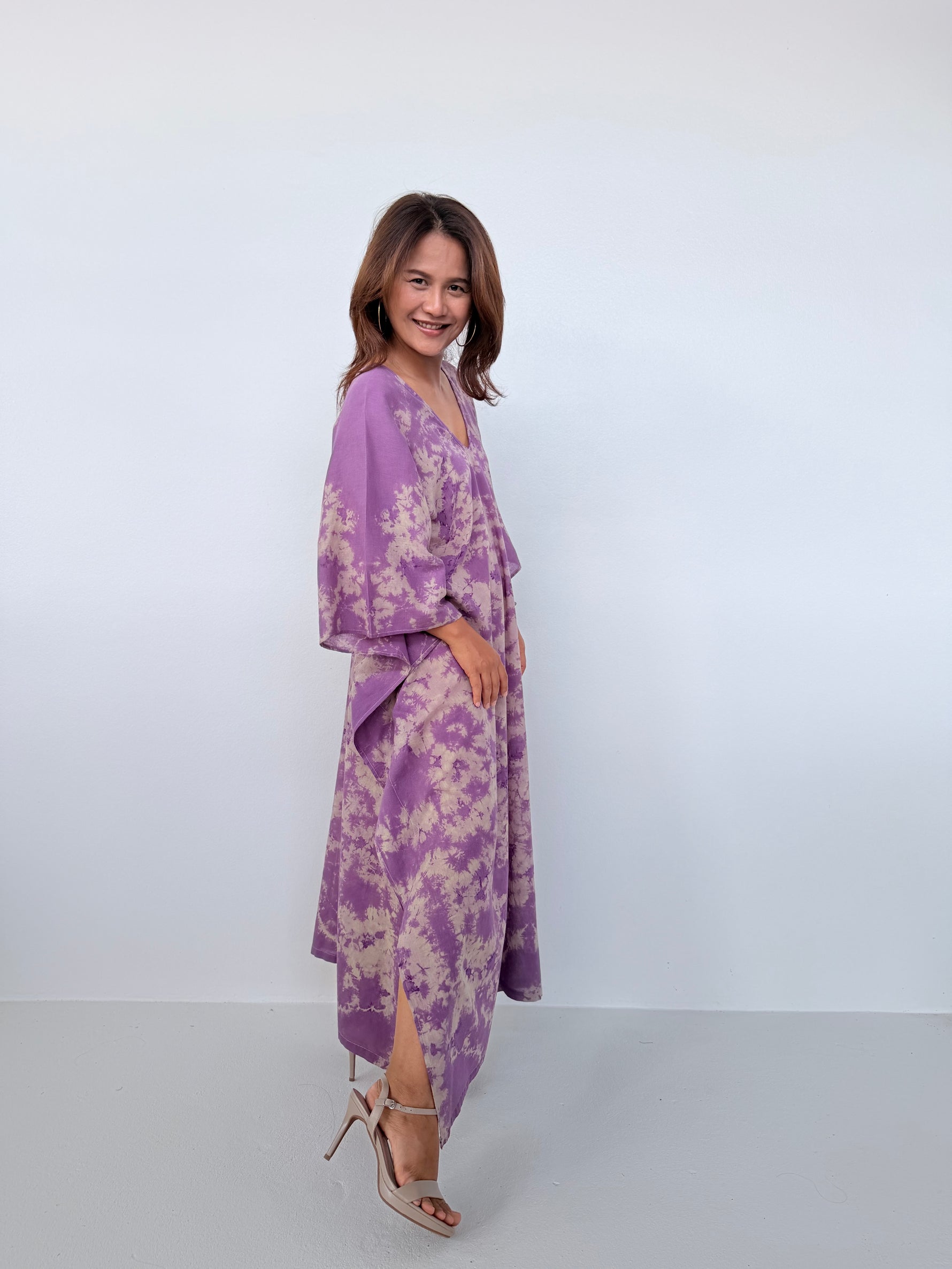 Mala Handworks Olena Cotton Kaftan in Purple & Tan Tie Dye