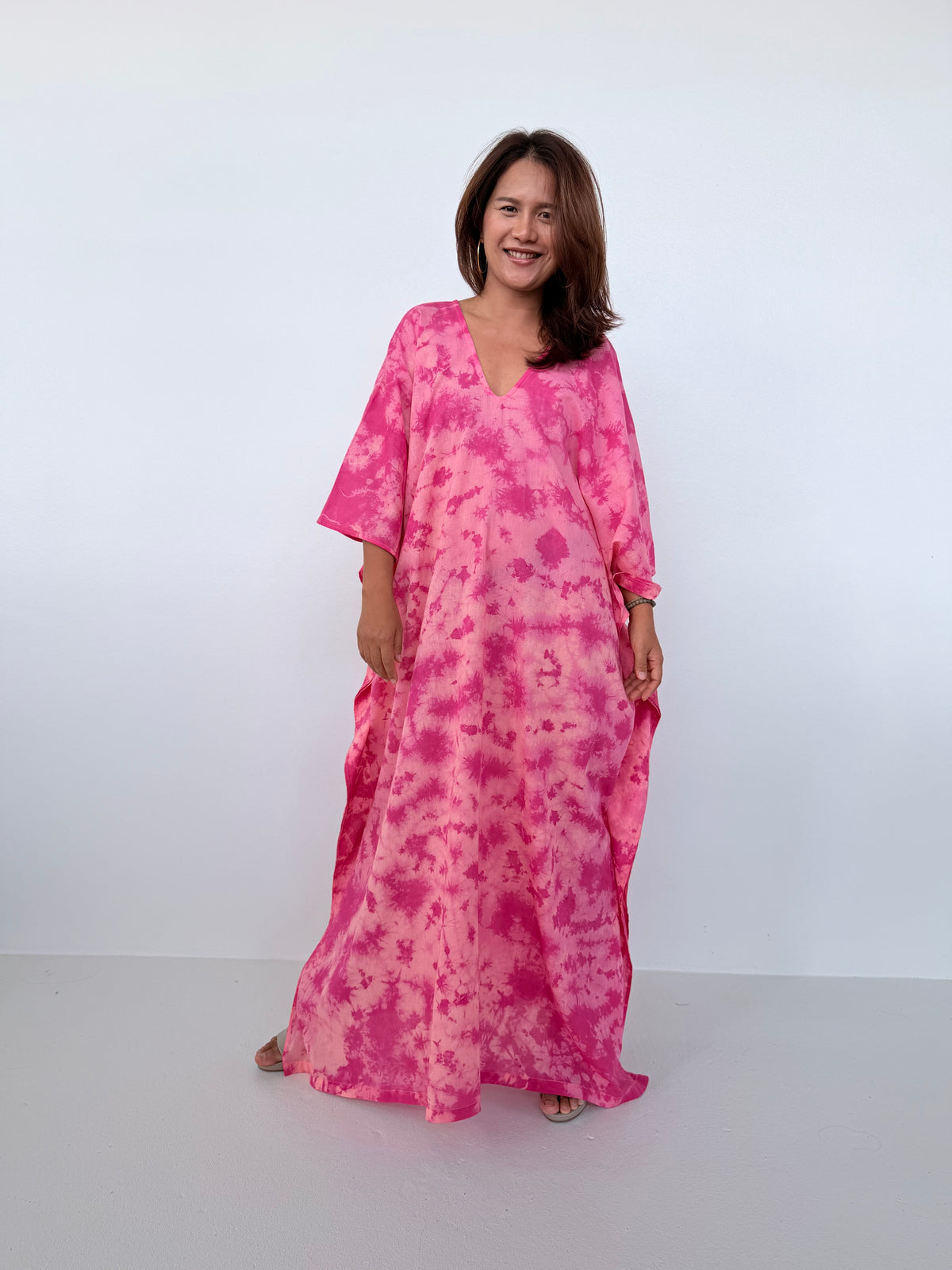 Mala Handworks Olena Cotton Kaftan in Watermelon Tie Dye