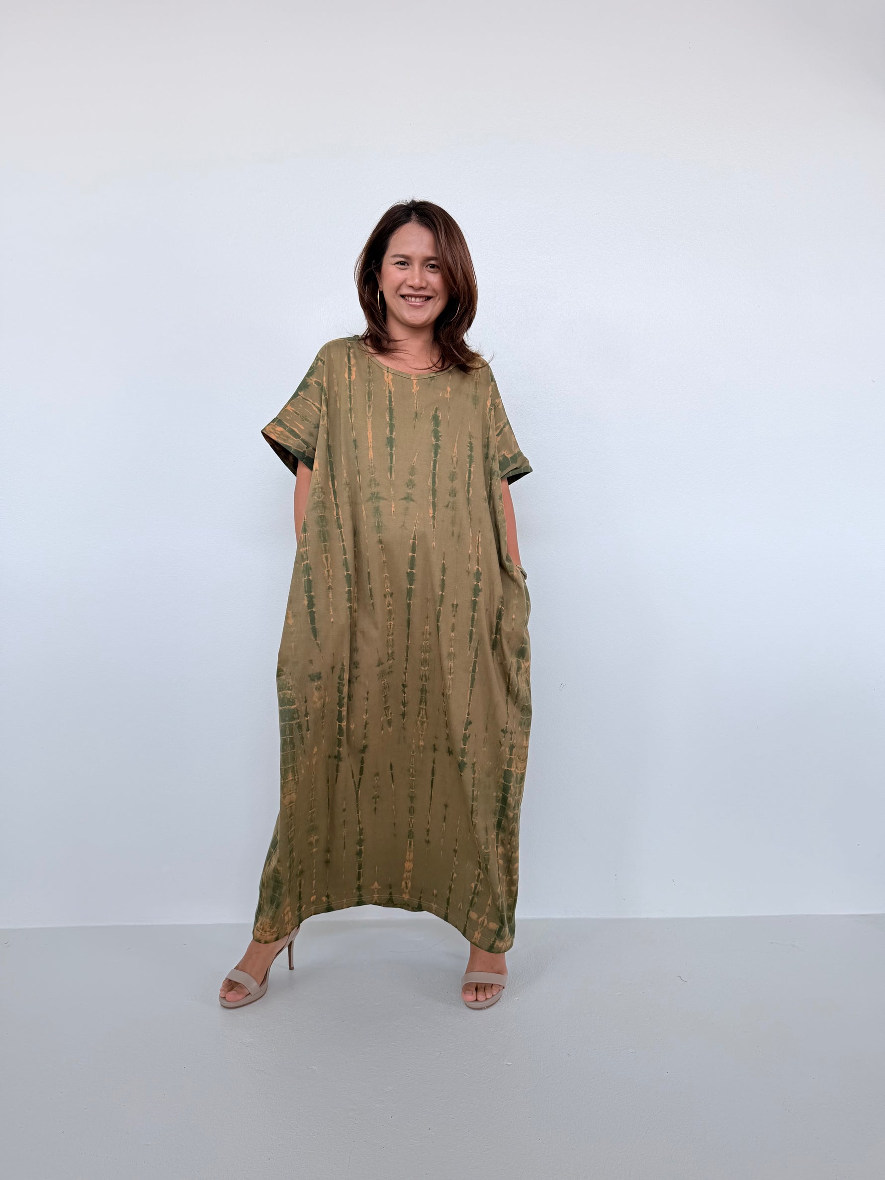 Mala Handworks Alice Jersey Cotton Kaftan in Olive Tie Dye