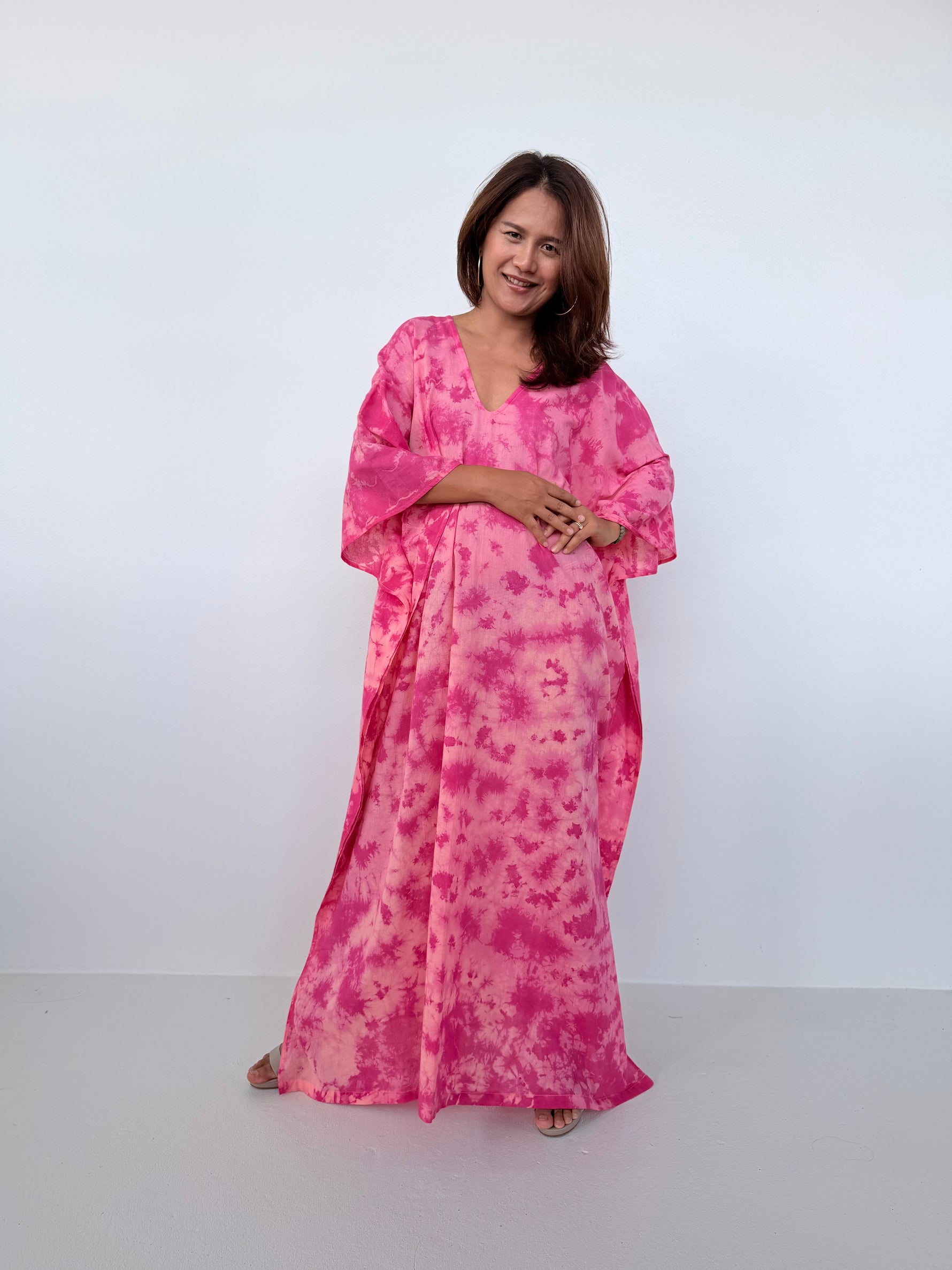 Mala Handworks Olena Cotton Kaftan in Watermelon Tie Dye