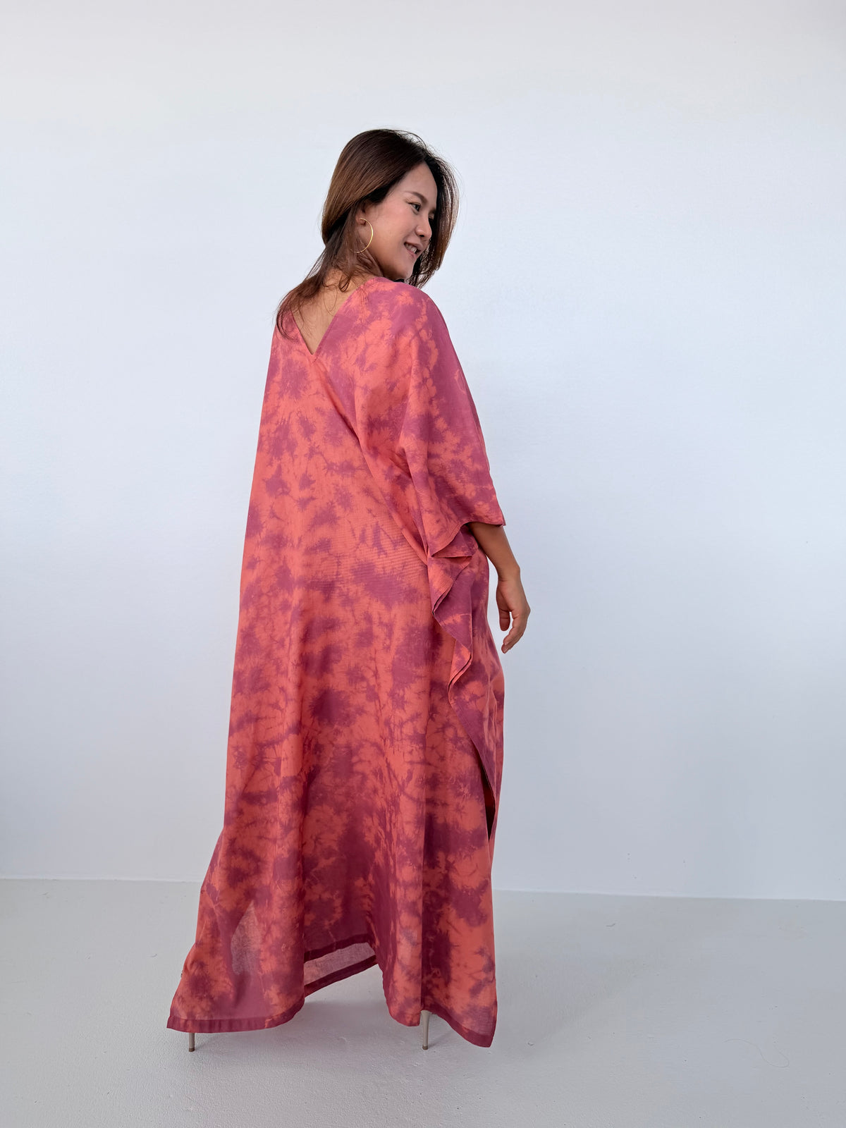 Mala Handworks Olena Cotton Kaftan in Salmon & Purple Tie Dye