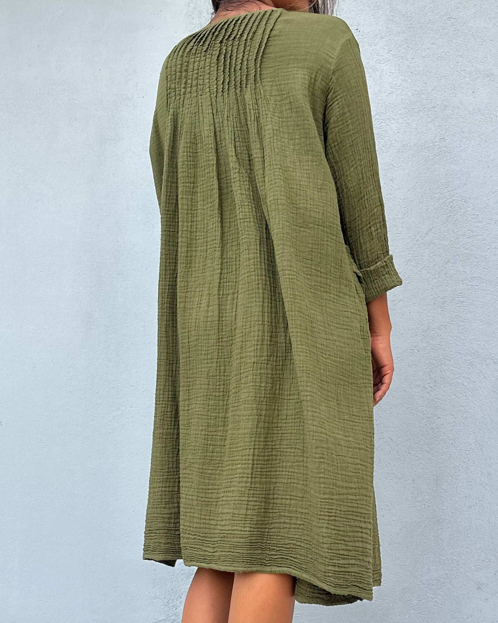 Mala Handworks Bree Double Gauze Cotton Dress in Moss Green