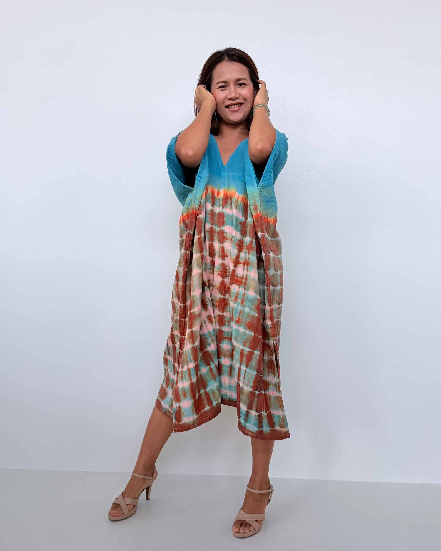 Skye Cotton Midi Kaftan in Turquoise & Rust Tie Dye