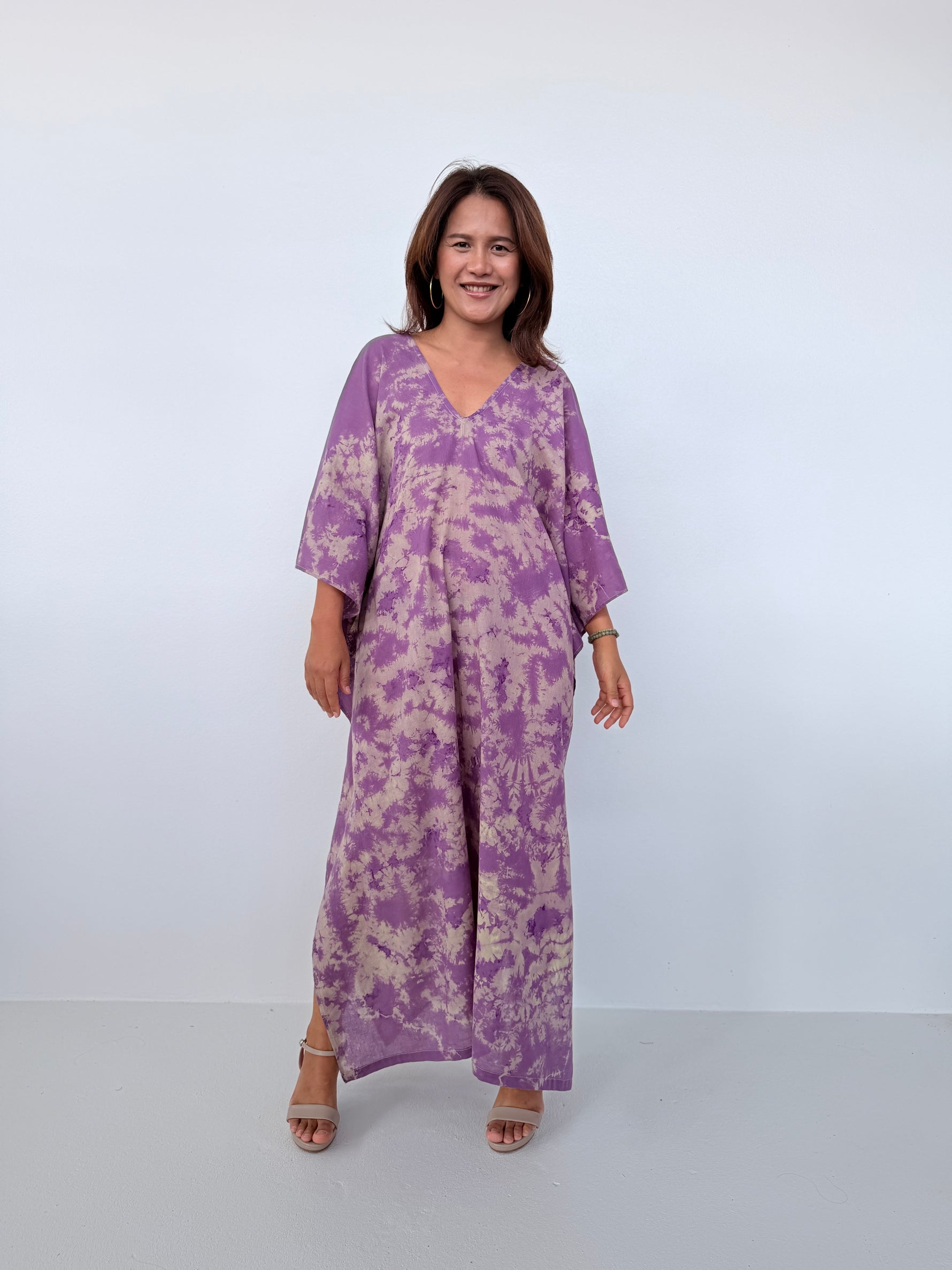 Mala Handworks Olena Cotton Kaftan in Purple & Tan Tie Dye