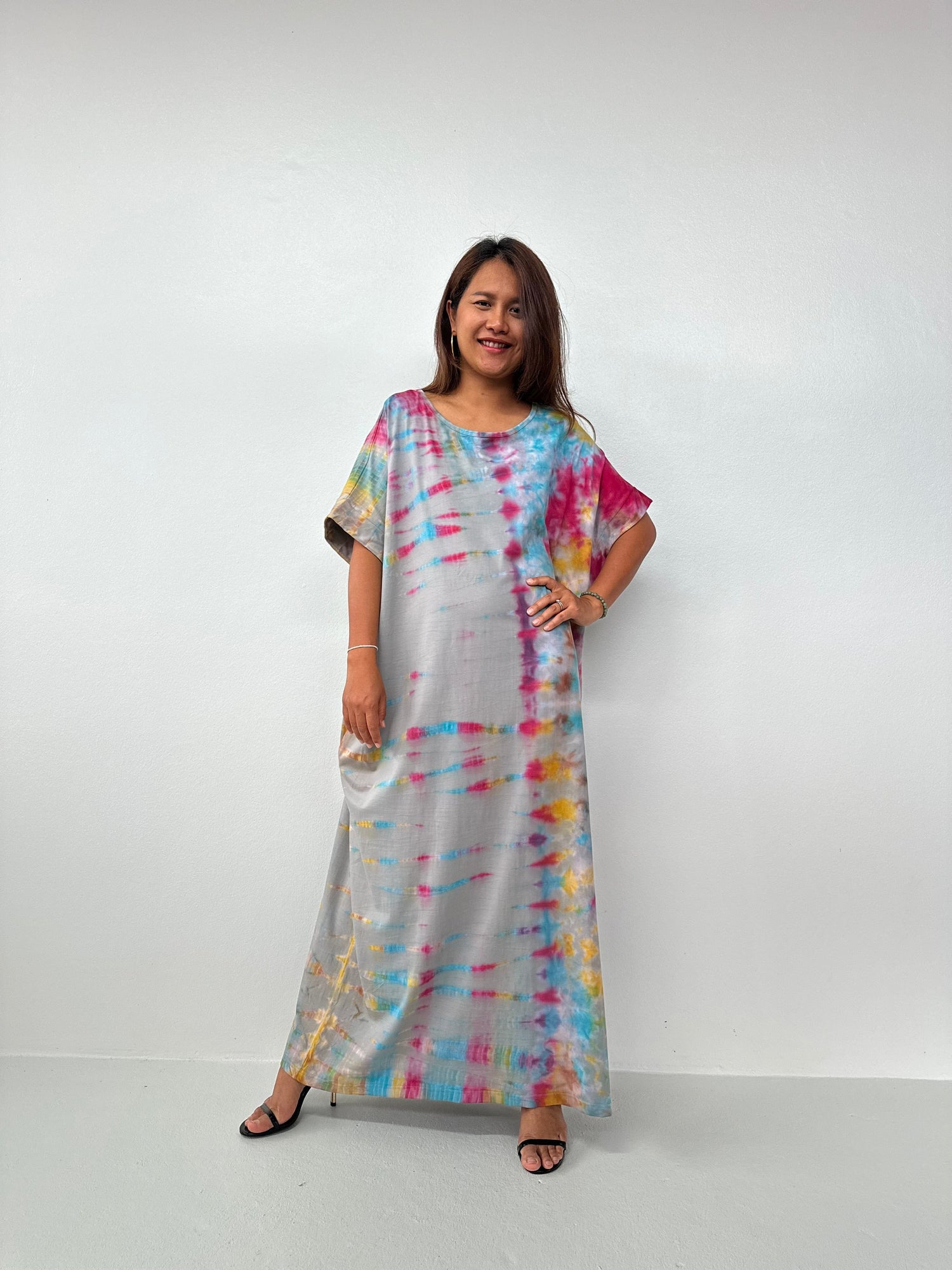 Alice Jersey Cotton Kaftan in Gray Rainbow Tie Dye