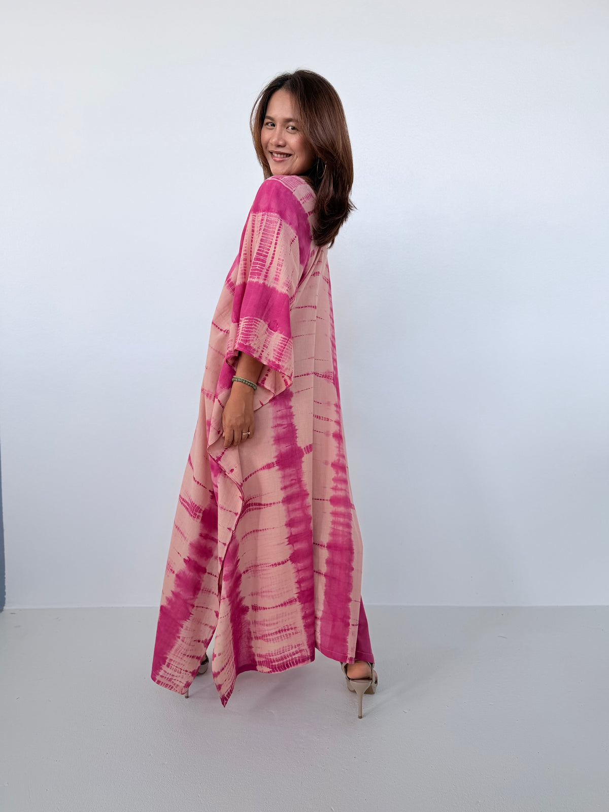 Mala Handworks Olena Cotton Kaftan in Watermelon & Peach Tie Dye