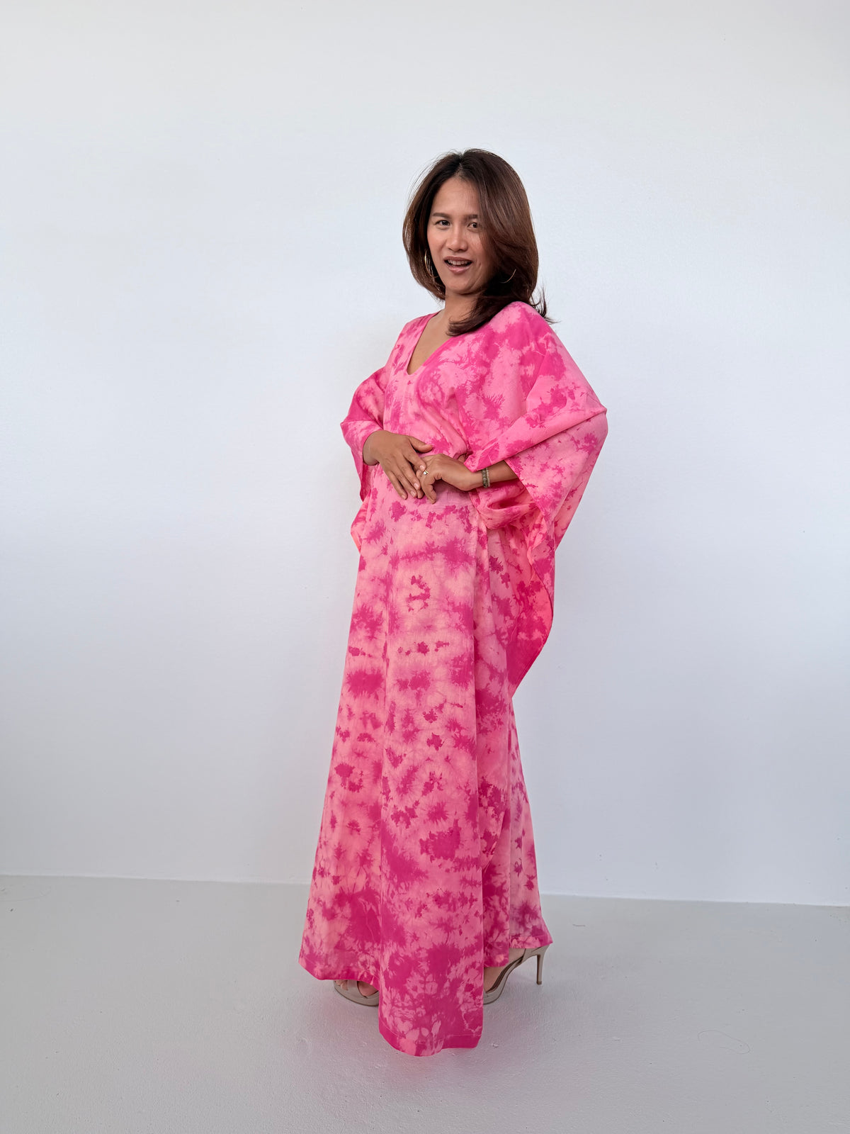 Mala Handworks Olena Cotton Kaftan in Watermelon Tie Dye