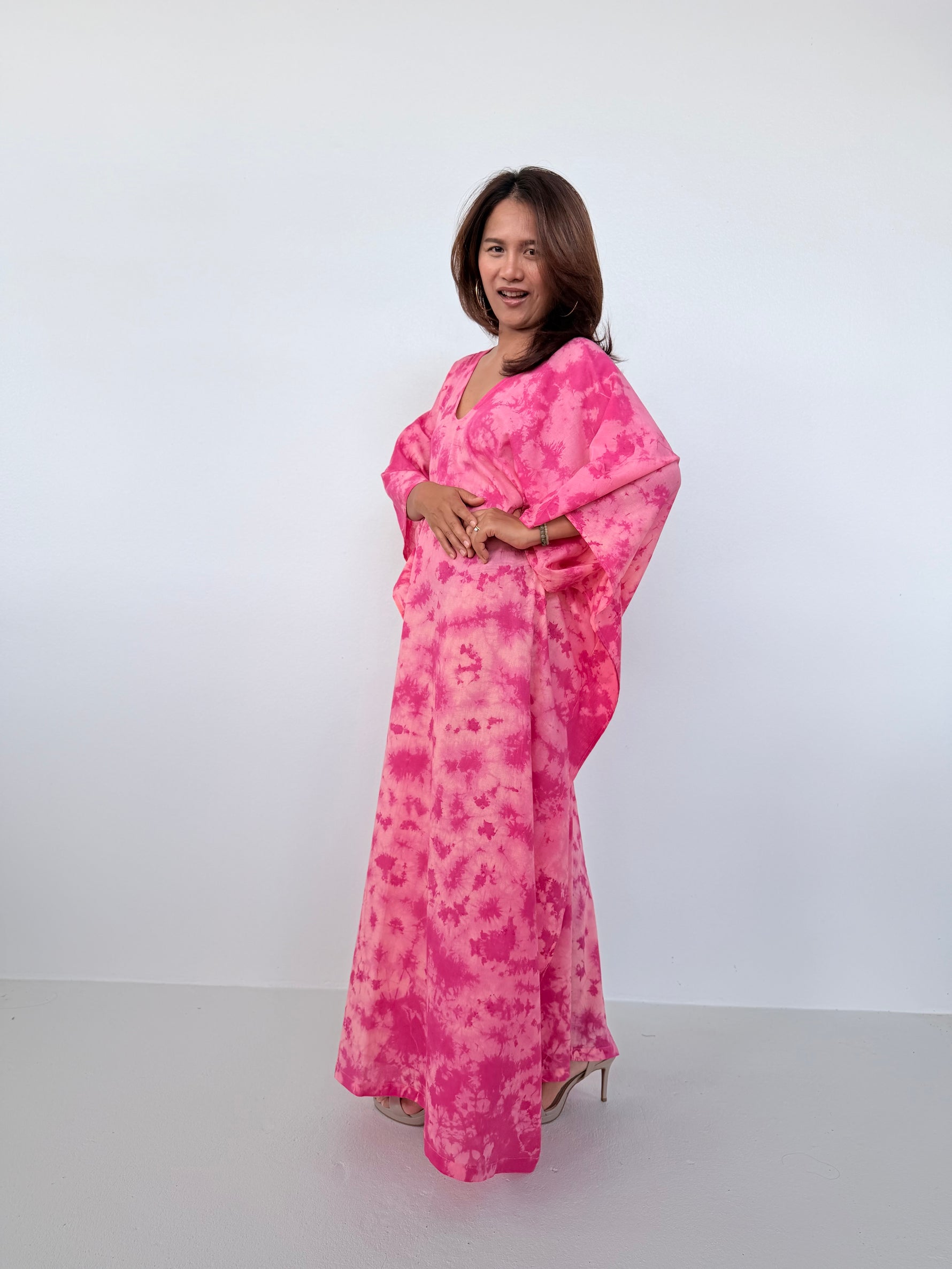 Mala Handworks Olena Cotton Kaftan in Watermelon Tie Dye