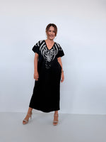 Mala Handworks Alisa Petite Cotton Kaftan in Black with Hand-Painted Zebra Neckline