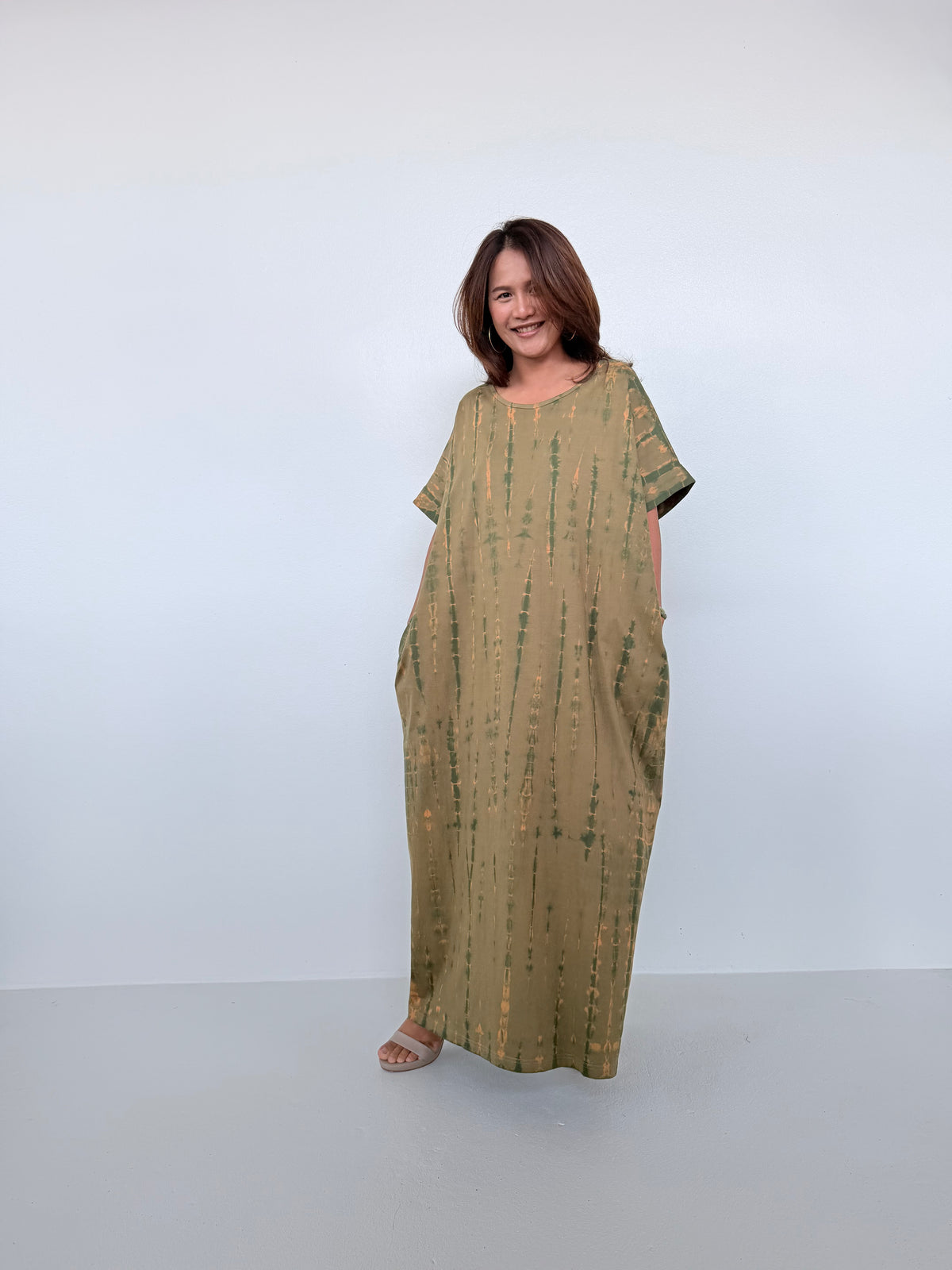 Mala Handworks Alice Jersey Cotton Kaftan in Olive Tie Dye
