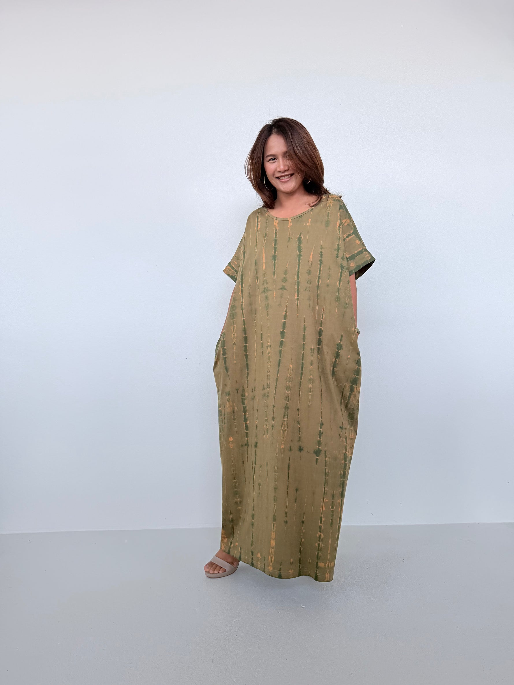 Mala Handworks Alice Jersey Cotton Kaftan in Olive Tie Dye