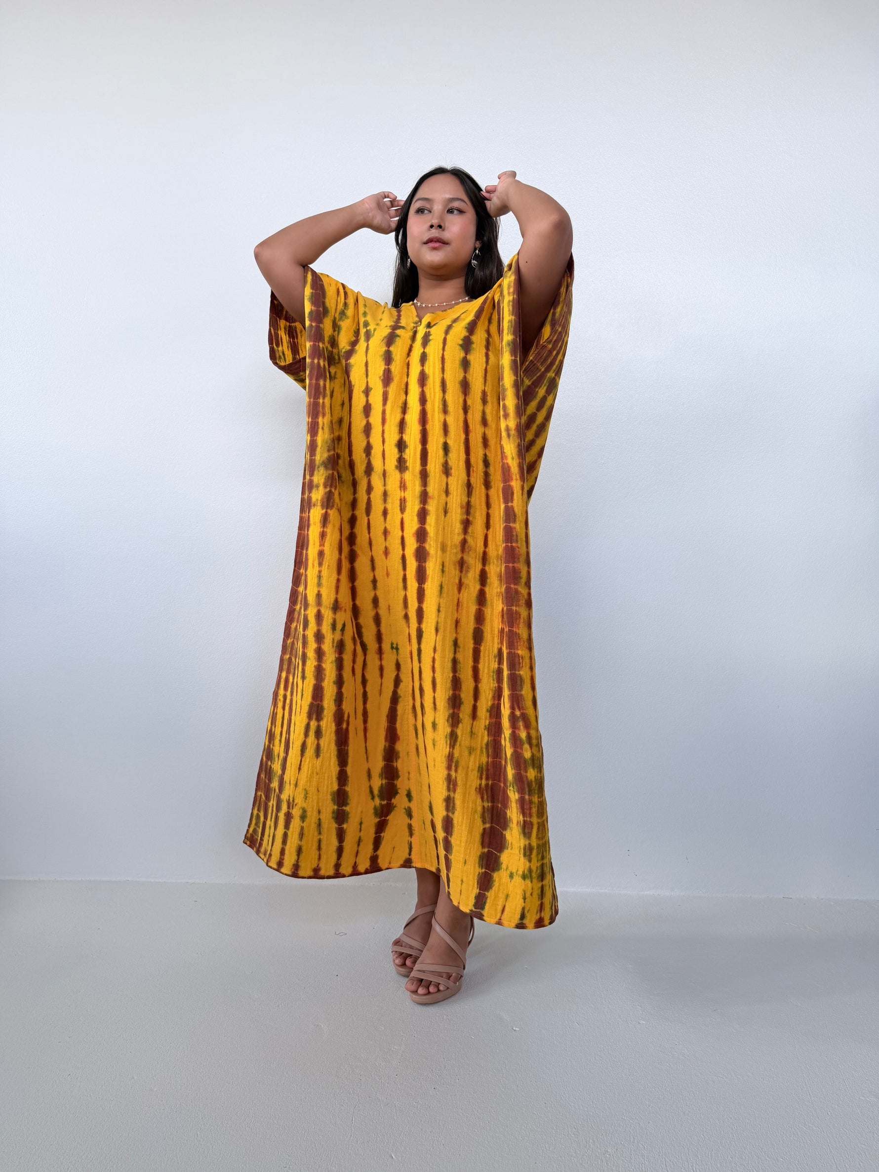 Mala Handworks Grace Cotton Kaftan in Gold & Brown Tie Dye