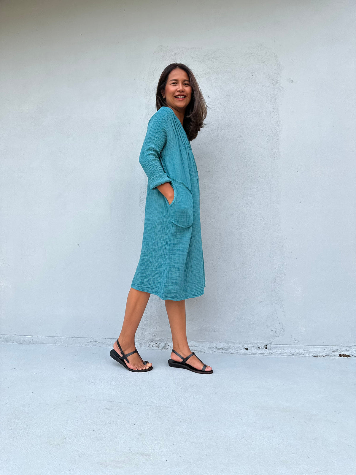 Mala Handworks Bree Double Gauze Cotton Dress in Turquoise