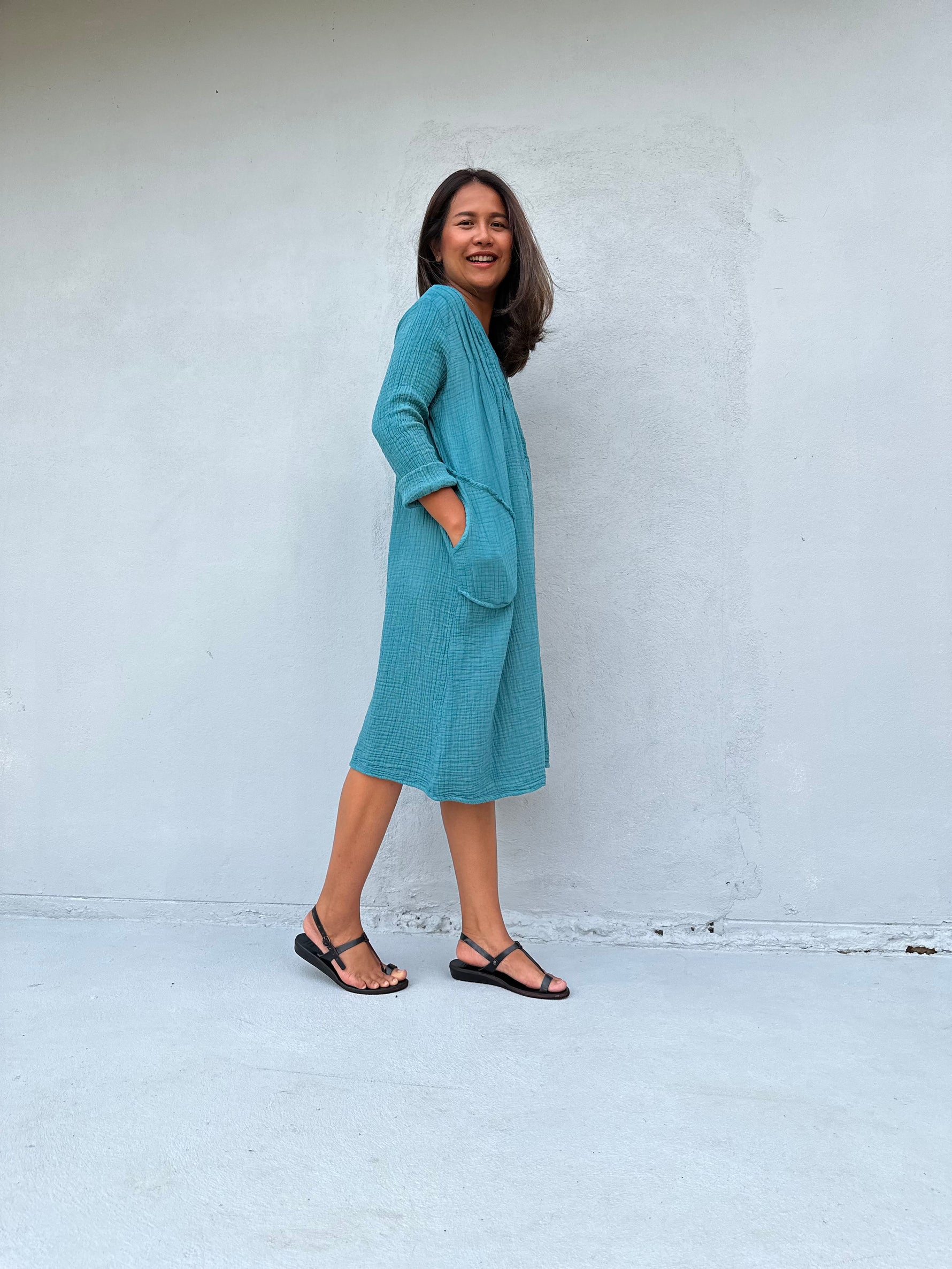 Mala Handworks Bree Double Gauze Cotton Dress in Turquoise